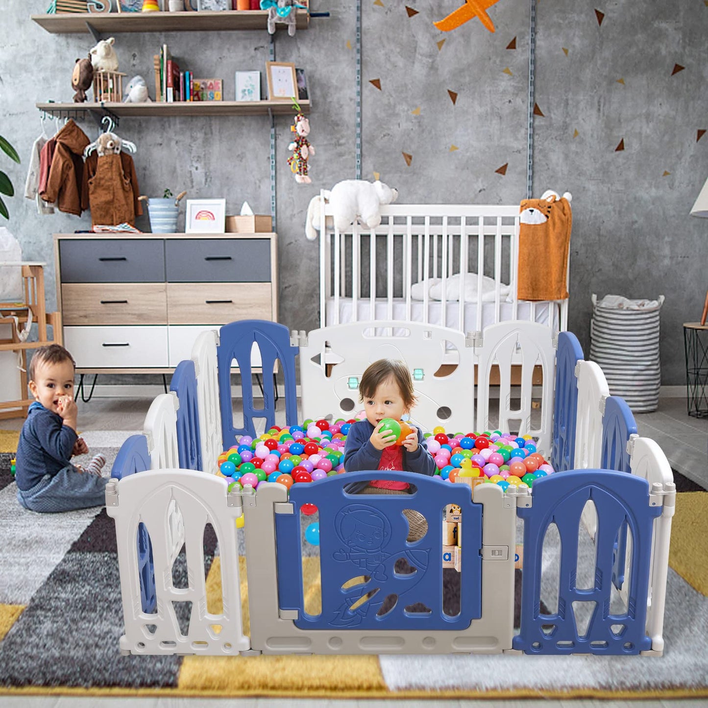 Foldable baby playpen, play yard with door and toy board, 12 panel blue+white baby gate, plastic playpen (12 pieces)
