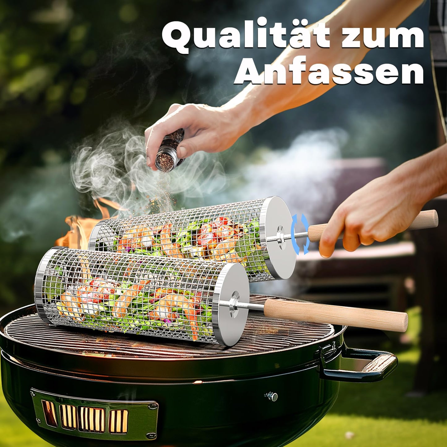 ivtivfu Nestbar Rolling BBQ Basket, Detachable Wooden Handle, Stainless Steel 304, Outdoor Kitchen Grill Accessory for Vegetables, Garden Camping Gadgets for Gas Grill, Gifts Birthday Present for Men Dad
