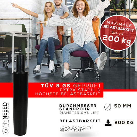 MYNEED gas spring for office chair - Gas spring load capacity up to 200 kg - Gas damper for swivel chair, executive chair, stool, desk chair - Gas spring column office chair, standpipe length: 230 mm Black
