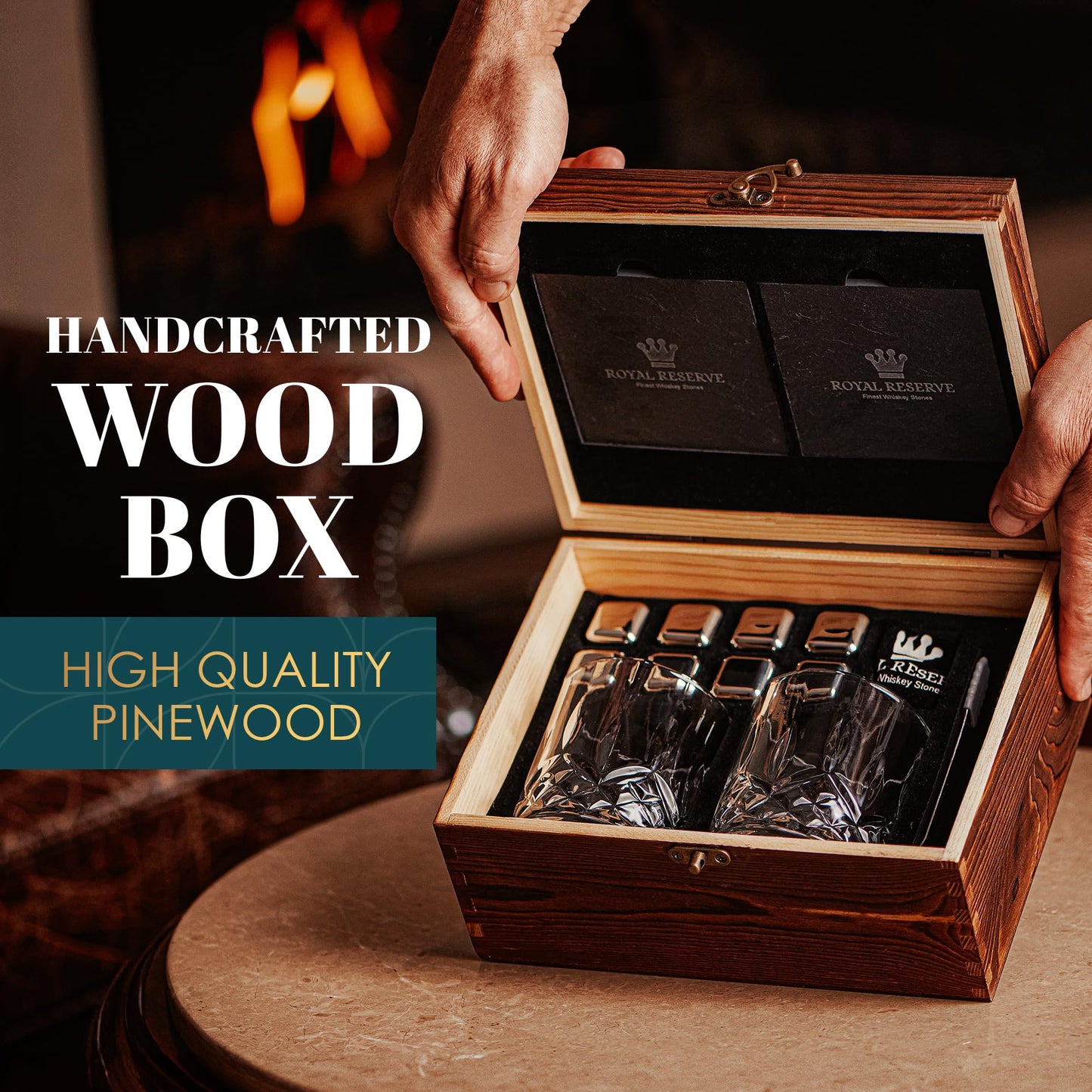 Whiskey gift set: Whiskey glasses, stones, tongs, coasters, wooden box, velvet bag, history and recipe cards - accessory set, gift for men, husband, friend, by Royal Reserve.