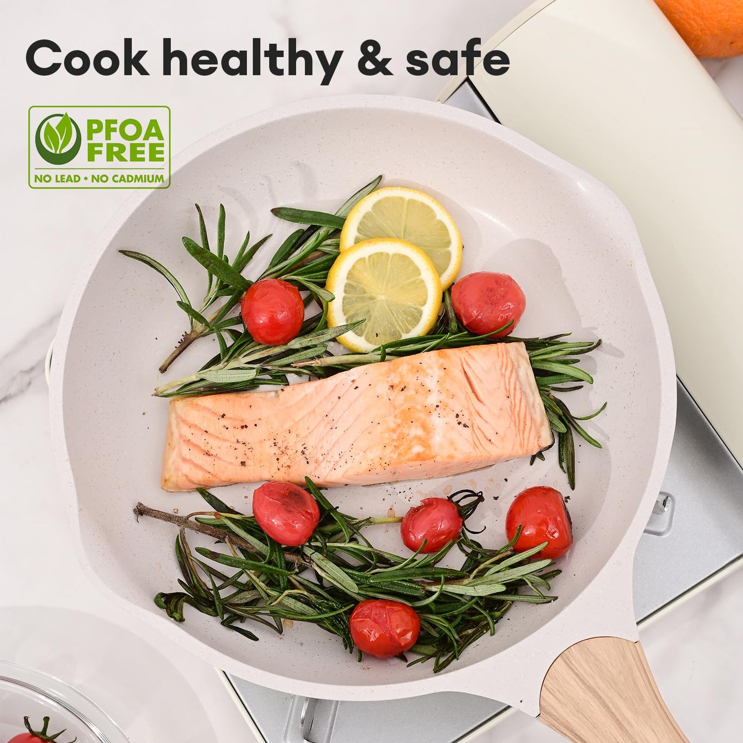 JEETEE Aluminum Frying Pan 20 cm Glass Lid, Pan with Non-Stick Coating, Induction Gas Electric Oven, Coated Frying Pans, Induction Pan with Handle, frying & cooking, PFOA-free (beige)
