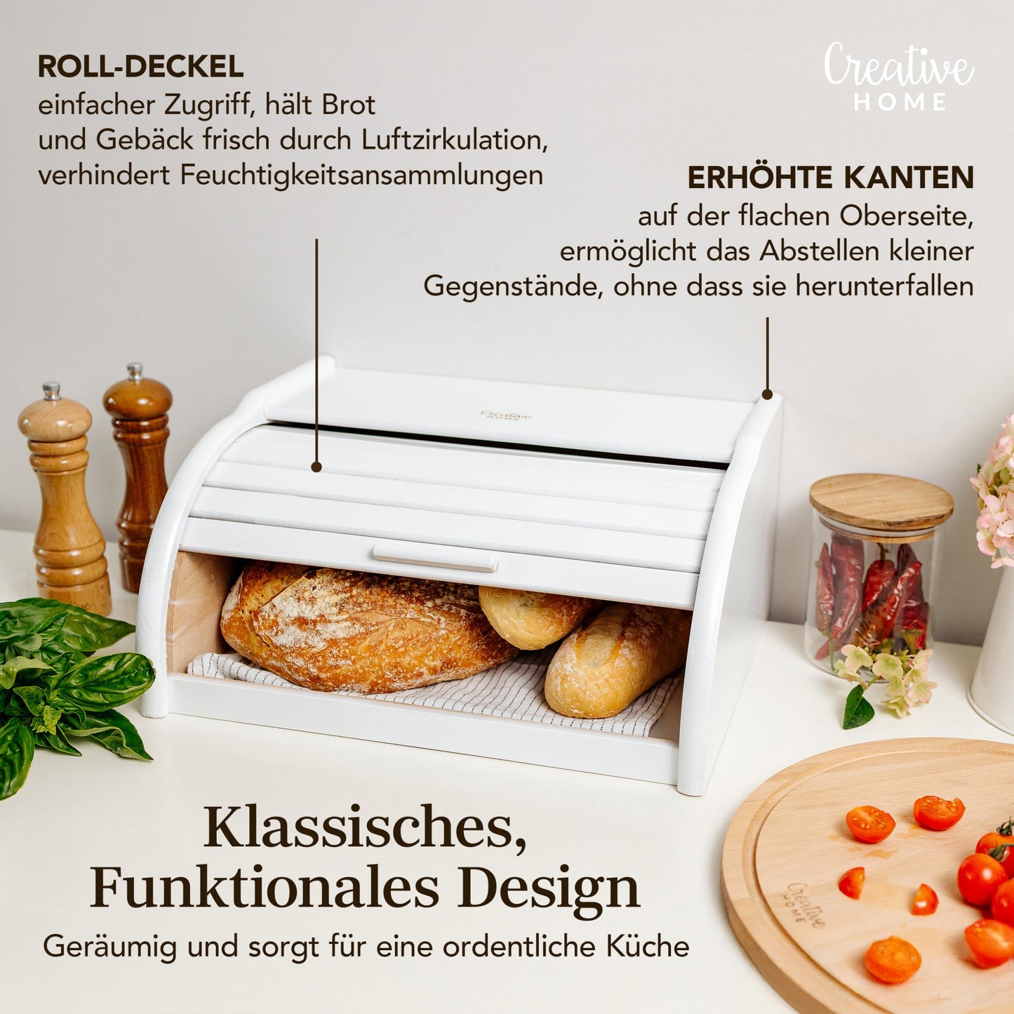Creative Home White Bread Box Wood | 38 x 28.5 x 17.5cm (+/-1cm) | Perfect BreadBox for Bread Rolls Cakes | Bread Bin with Roll Lid | Natural Bread Storage| Bread Container for Any Kitchen