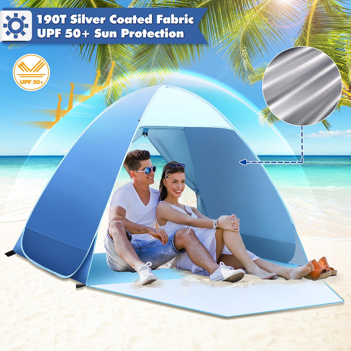 Pop-up beach tent, 2-3 person family tent with UV protection UPF 50+. Beach tent with zipper backdoor, front door with buckles. Compact size for sun protection at the beach or in the garden.