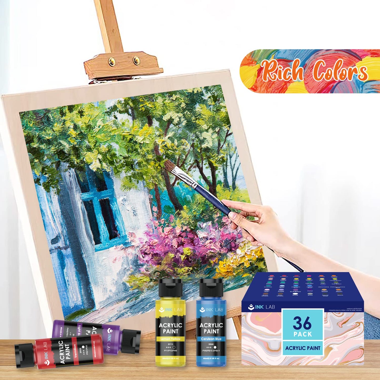 INK LAB Acrylic Paint Set 36 x 60 ml, Waterproof and lightfast acrylic paints, Quick-drying for paper, wood, canvas, fabrics, Ideal for beginners and professionals.