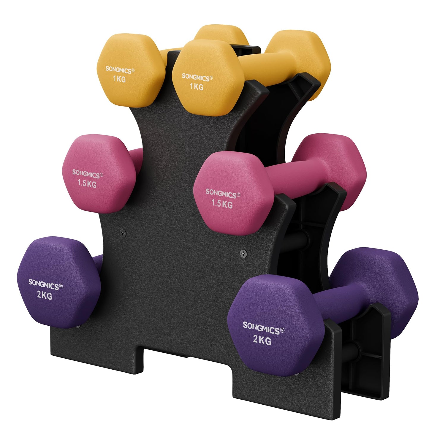 SONGMICS Dumbbell Set, Hexagon, with Dumbbell Stand, 2 x 1 kg, 2 x 1.5 kg, 2 x 2 kg, matte finish, Neoprene coating, strength training, at home, lime green, yellow, pink, and purple SYL609B02