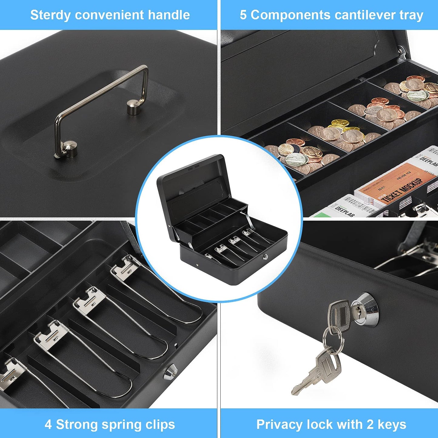 HAITRAL lockable money box, banknotes and coin storage, metal cash box, portable large money box with 2 keys - W 30 x D 24 x H 9 cm, Black