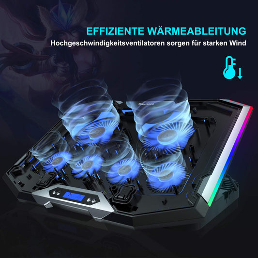 TopMate C11 laptop cooler RGB gaming cooling pad for 15.6-17.3 inch laptops, laptop fan cooling stand with 6 quiet blue fans and 5 adjustable heights, with LCD screen and 2 USB ports, 1 phone stand.