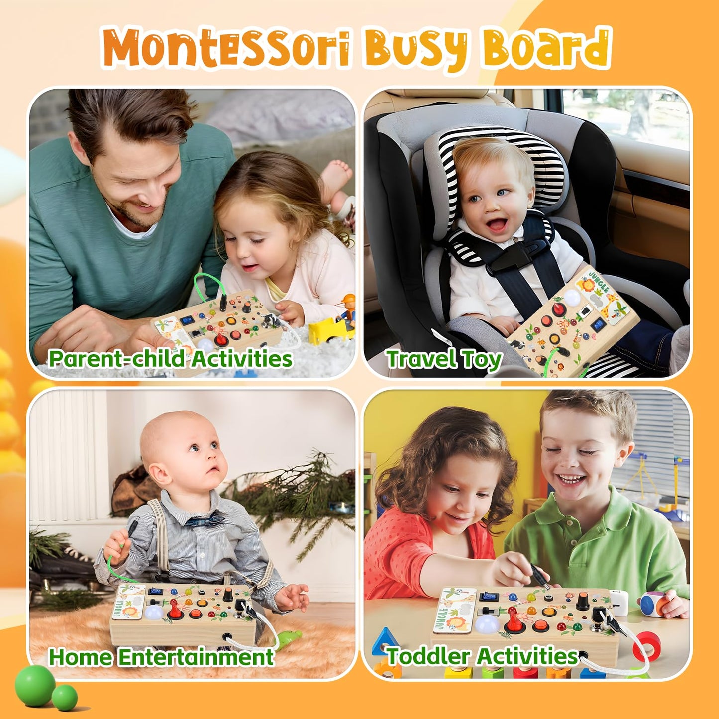 Arizona Busy Board for 1 year old and up, Montessori toy with LED lights, wooden activity board for boys and girls 1-4 years, perfect gifts for birthdays, Children's Day, and Christmas (Jungle theme).