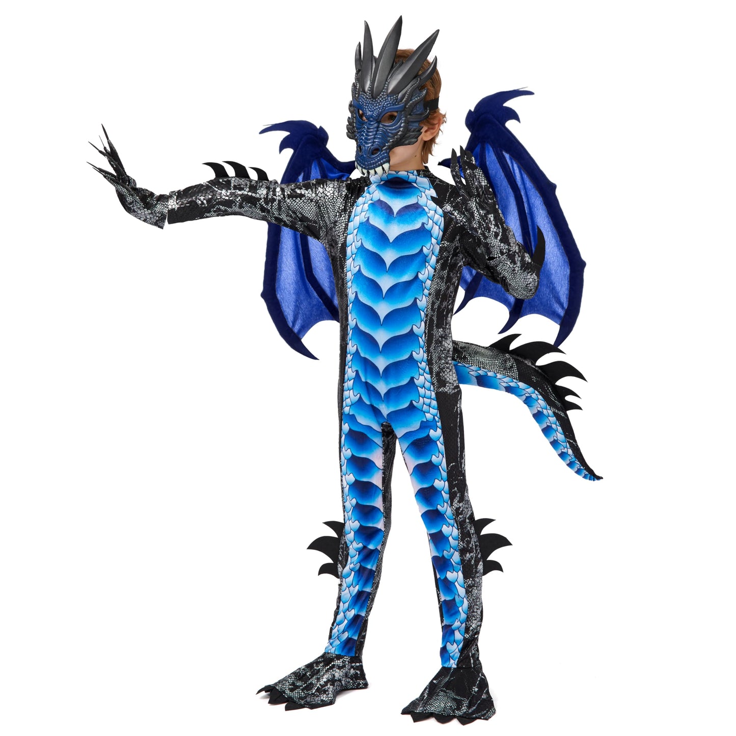 Spooktacular Creations Kids Boys Black and Blue Dragon Costume, Dragon Wings and Mask, Halloween Suit Dragon Outfit for Boys for Halloween Parties, Cosplay-L