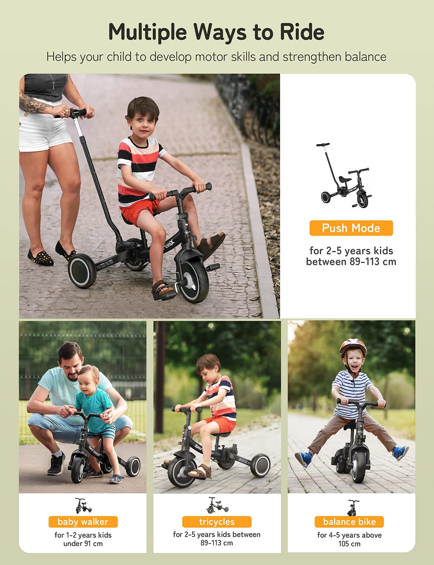 Besrey 7 in 1 Toddler Tricycle with steering handle for 1-5 years, foldable wheels, toddler bike with wheel coupling, larger wheels, detachable pedals, adjustable seat height, Black