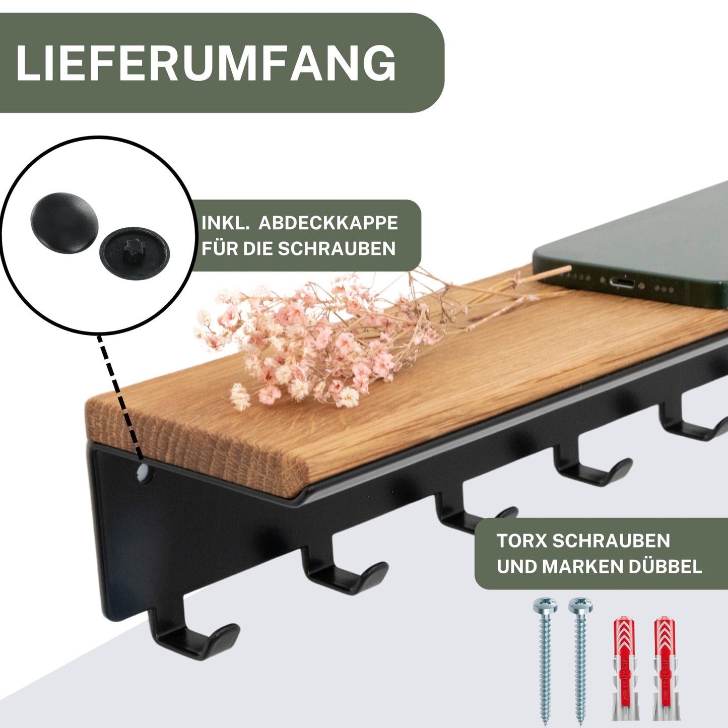 Clean® | Key rack with 6 hooks | Wooden key board | Oak | Wall organizer | Key box | Key holder with shelf | Key storage in black metal | 30x8x8cm