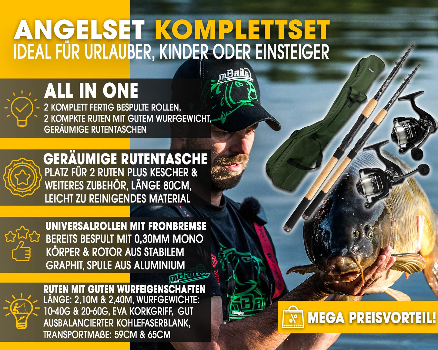 Angel Berger fishing set complete set with 2 telescopic rods, reels, rod bag, fishing rods, reels with fishing line, and rod bag.
