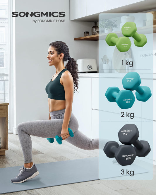 SONGMICS Dumbbell Set, Hexagon, with Dumbbell Rack, 2 x 1 kg, 2 x 2 kg, 2 x 3 kg, matte finish, Neoprene coating, strength training, at home, lime green, aquamarine, and dark gray SYL612G02