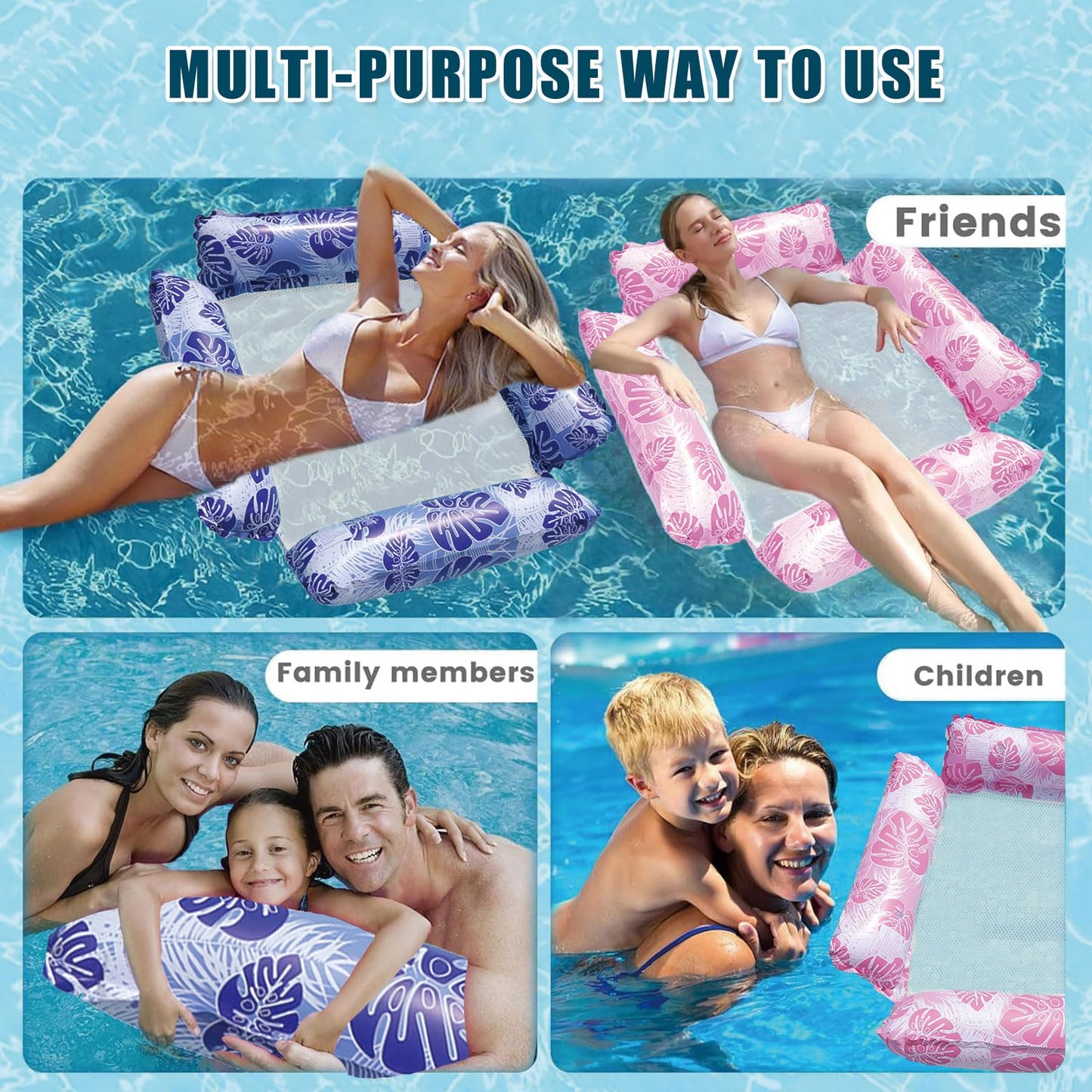 Funnity 2-piece pool inflatable with mesh (122x122 cm), water inflatable with pattern, water hammock for adults and kids, swim float for pool party summer water fun.