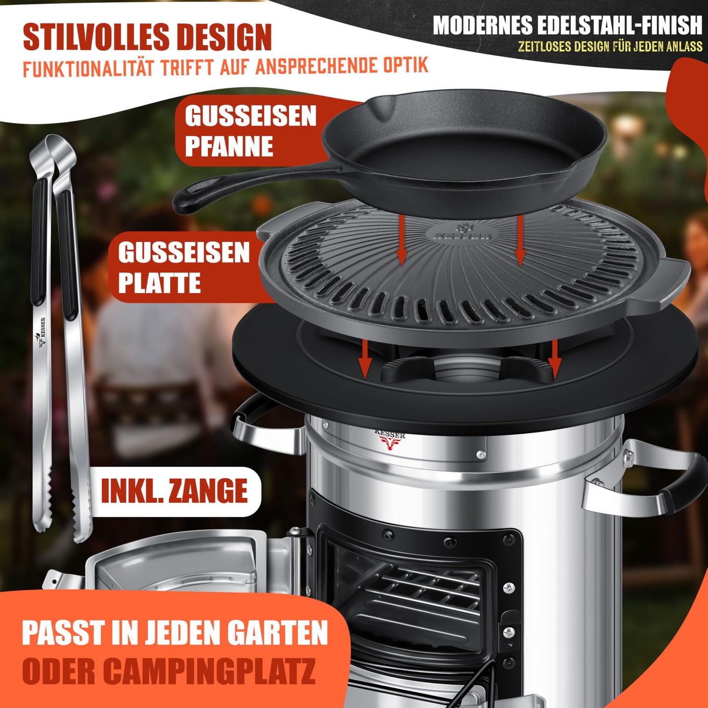 KESSER® Rocket stove incl. cast iron grill pan, griddle, grill tongs & carrying bag | Dutch Oven BBQ Rocket wood stove camping | Outdoor camping stove camping grill stainless steel silver