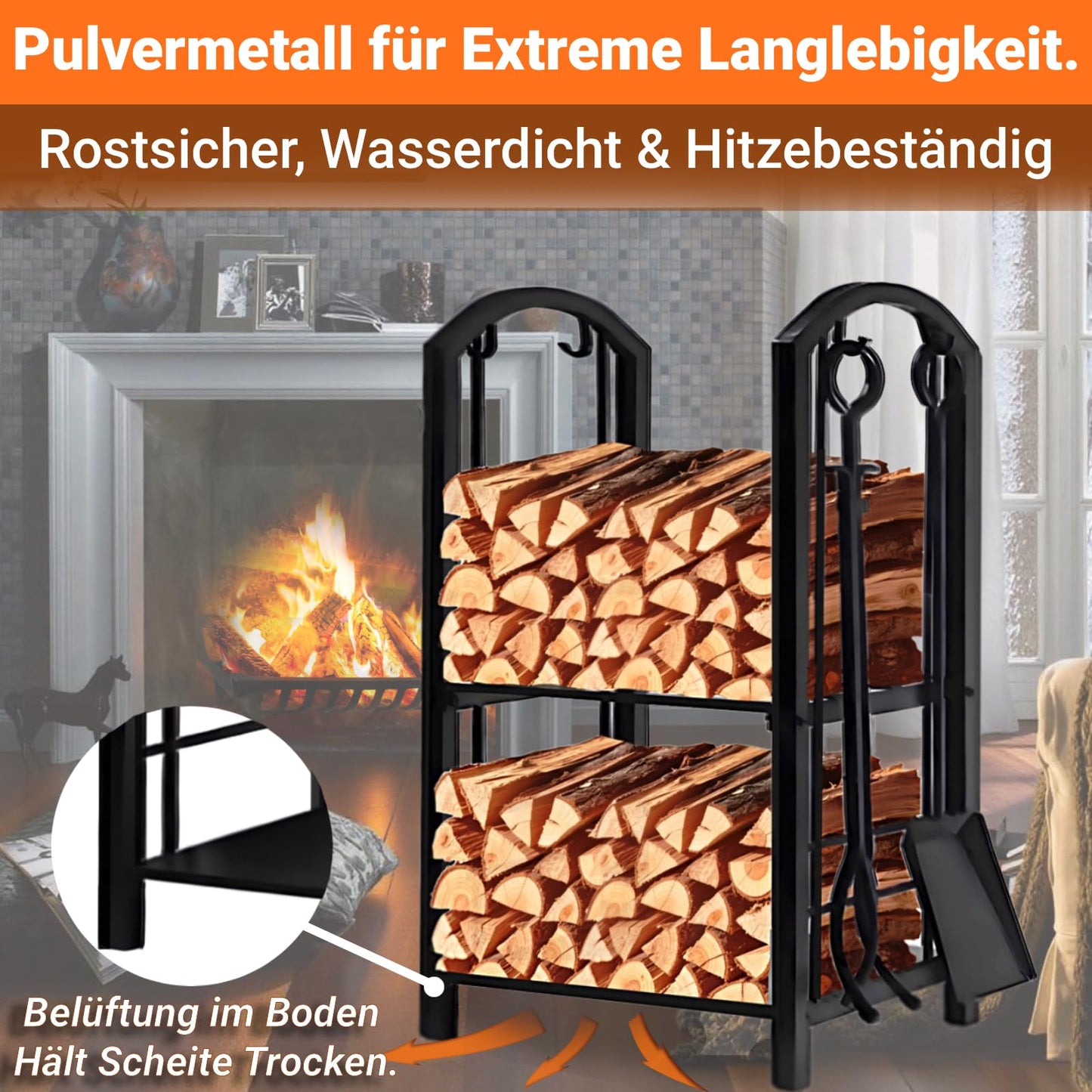 Amagabeli Indoor Firewood Rack with 4 Fireplace Tool Fireplace Stand Fireplace Accessories for Outdoor Firewood Holder Wood Rack for Fireplace Stove Tools Wrought Iron Black