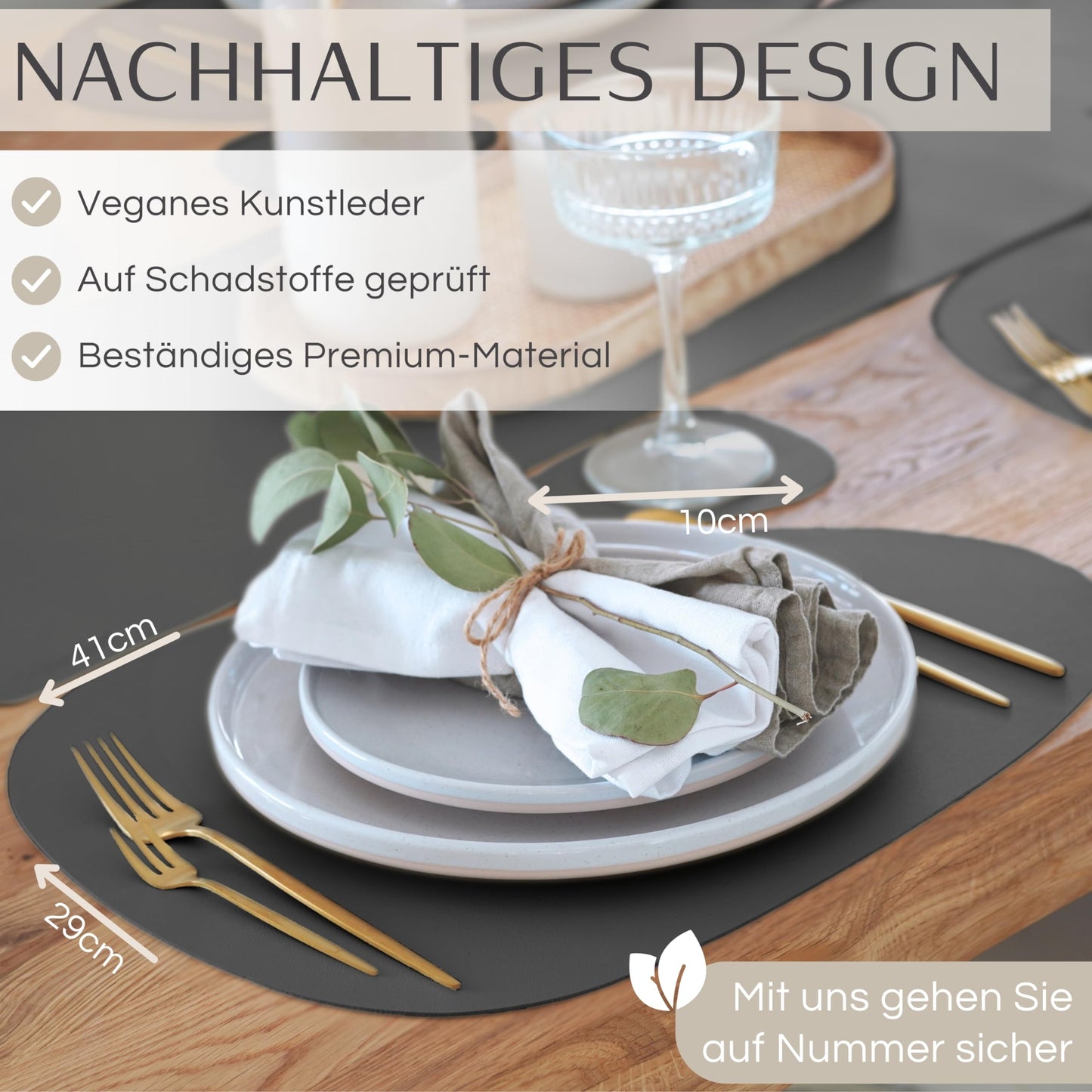 Mahewa® 6-piece set Premium faux leather placemat - Washable and waterproof placemat coaster in leather look (Dark grey, Oval)