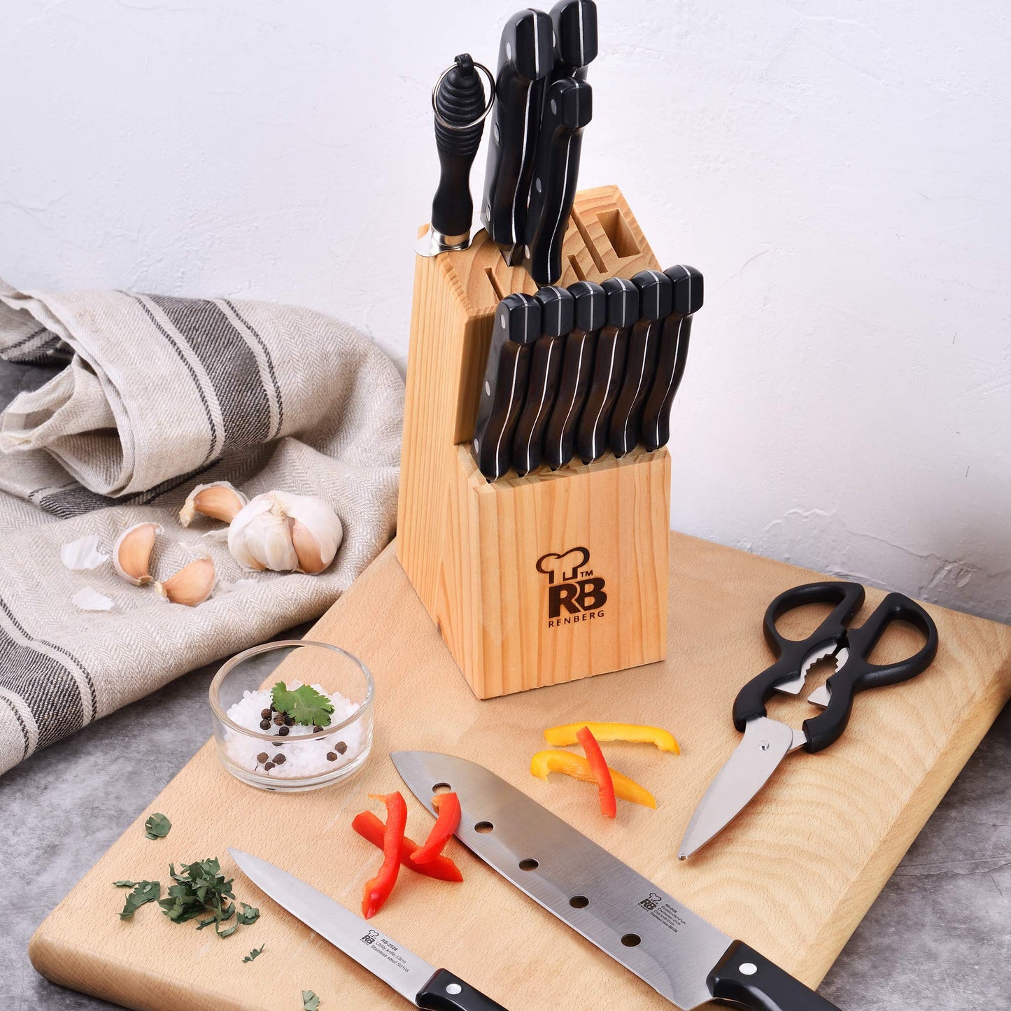 RENBERG Tenessy | Kitchen knife | 15-piece complete set with wooden handle | Perfect for cutting all types of ingredients | Professional kitchen | Made of stainless steel