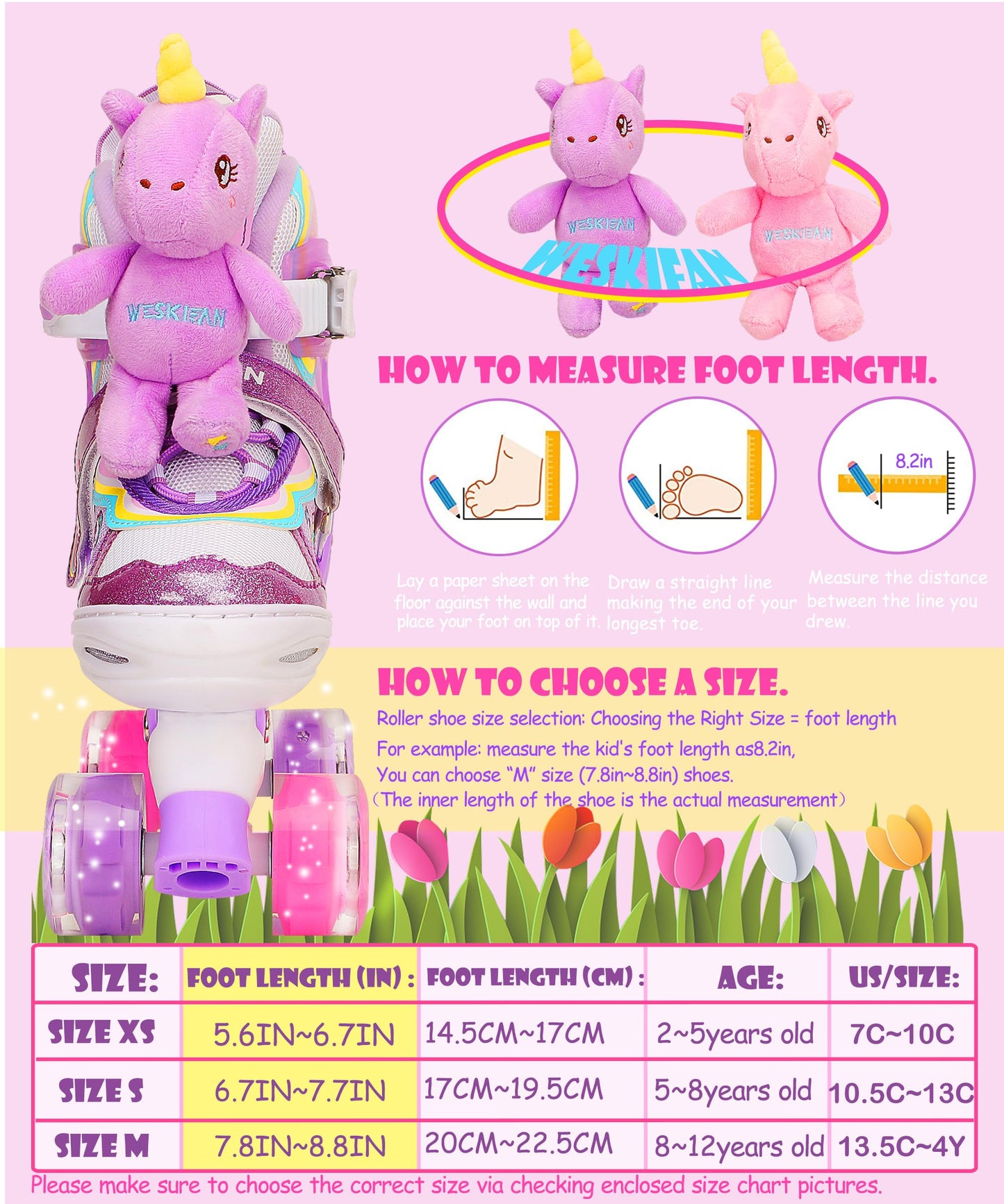 Children's unicorn doll roller skates for girls, adjustable in 4 sizes with glowing wheels. Quad roller skates for beginners, perfect for Christmas and birthday gifts. Size S (30-33).