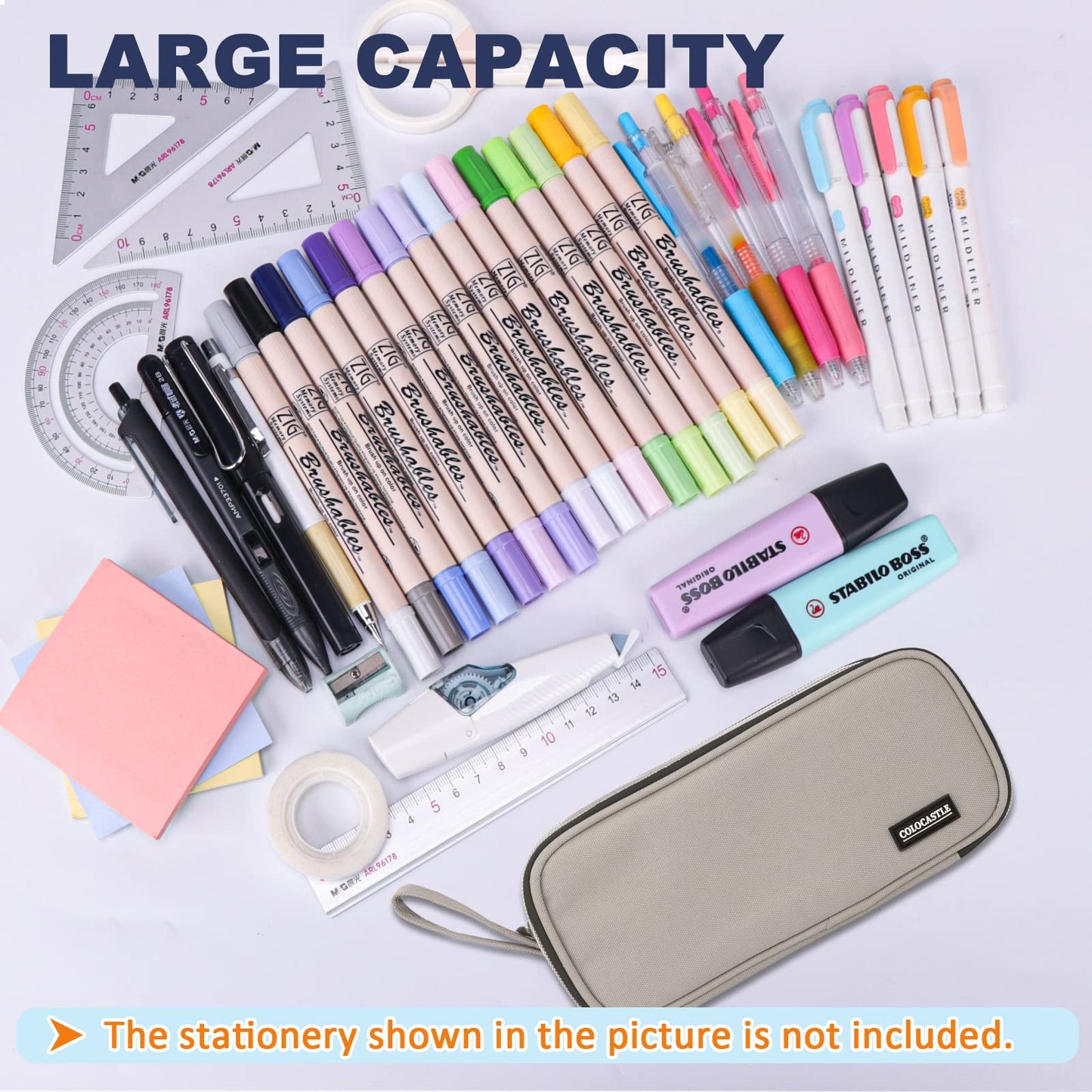 COLOCASTLE Pencil Case Large with 3 Compartments Pencil Pouch for Girls Boys Teenagers School Office (Gray)