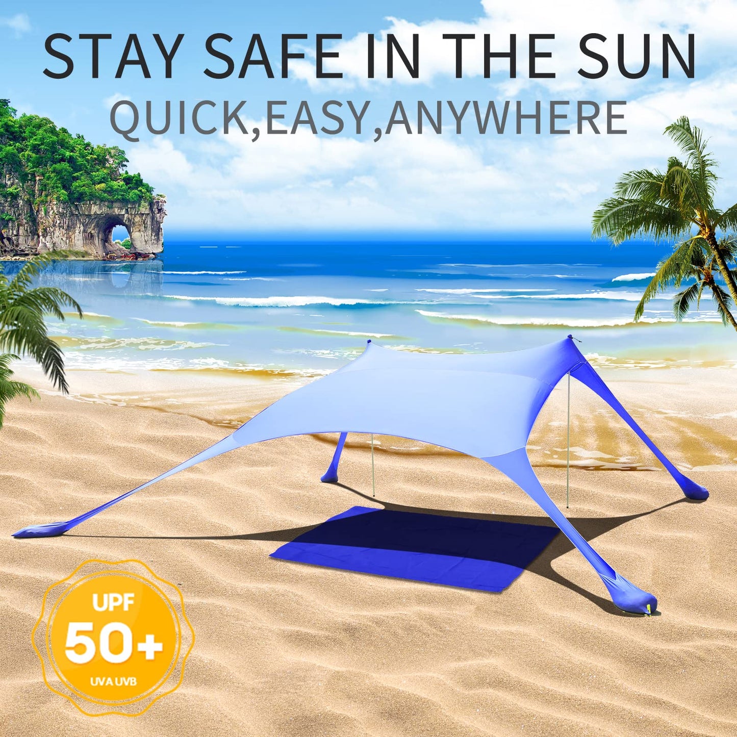 Cuupo beach tent, pop-up, 2x2.1m, SPF 50, Lycra, outdoor sun protection, anti-wind, stability poles, backyard with beach blanket, royal blue.