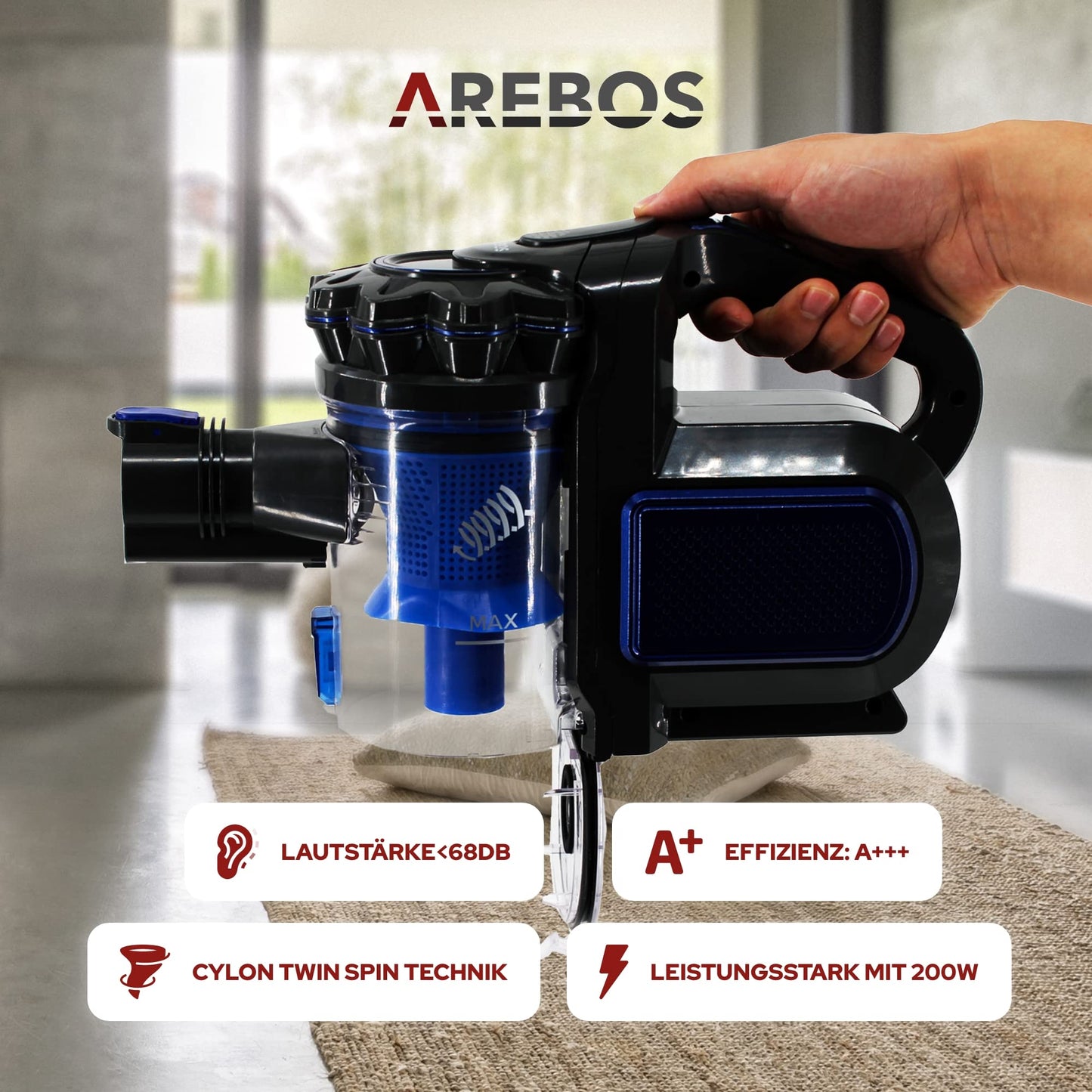Arebos cordless handheld vacuum | 2-in-1 hand and floor vacuum | 2 powerful suction modes | Bagless | Up to 55 minutes cordless | with wall charging station | Blue