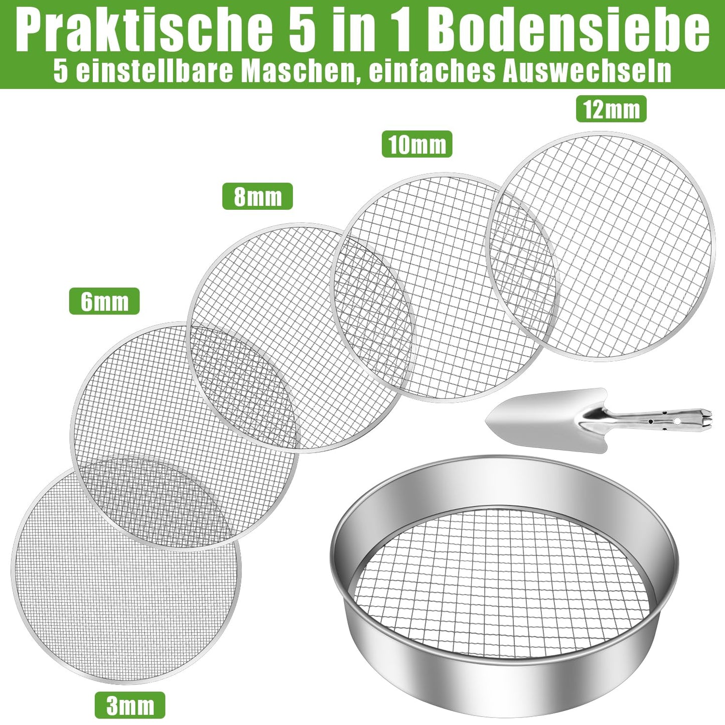Jazlyvex 30 cm garden sieve with 5 interchangeable, stainless steel compost sieves for sifting soil, compost, and sand, includes a garden shovel.