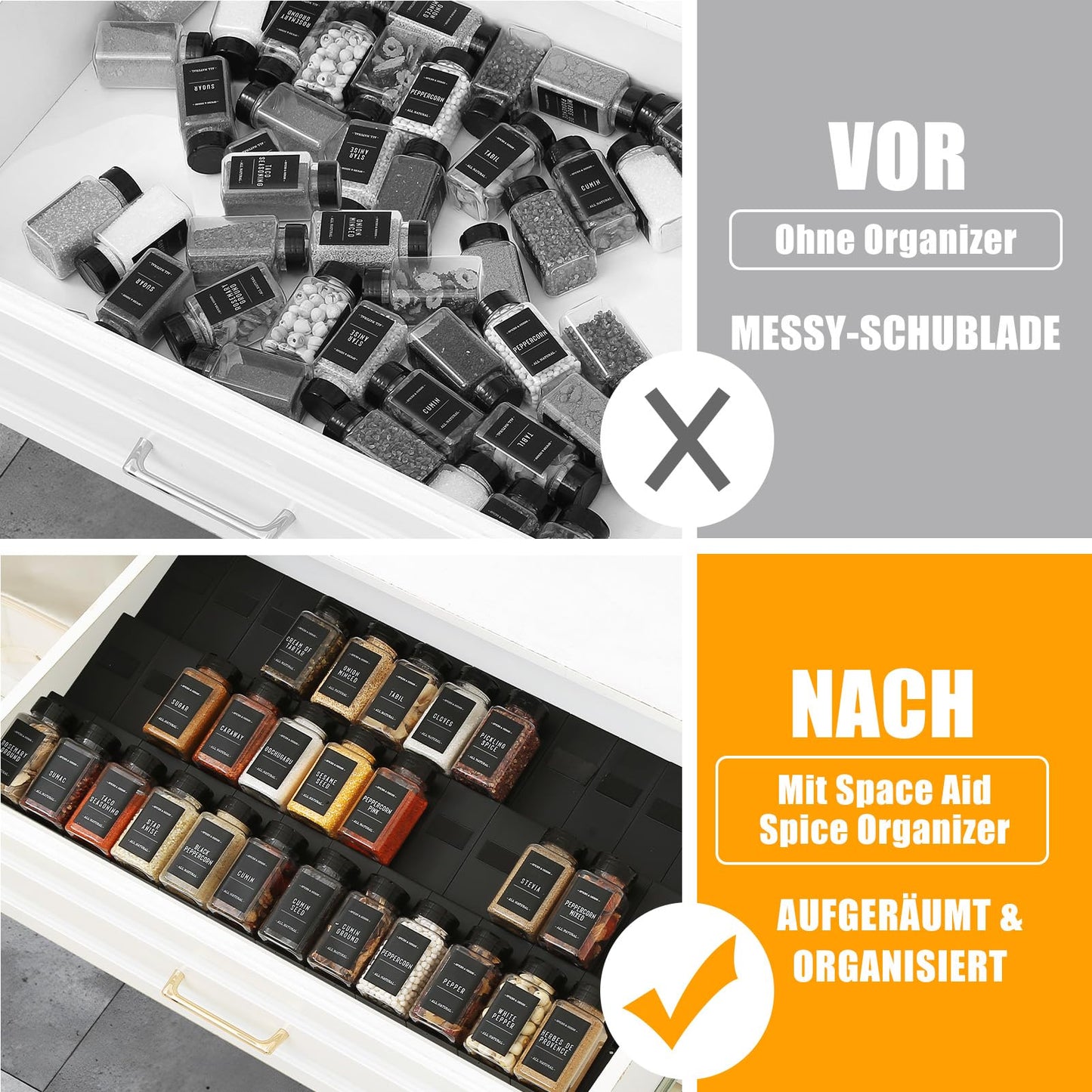 Famhap Spice Organizer Drawer, 48 Piece Patchworkable Spice Rack Drawer, Kitchen Organizer drawer for spice jars, Spice Rack Drawer for spice storage