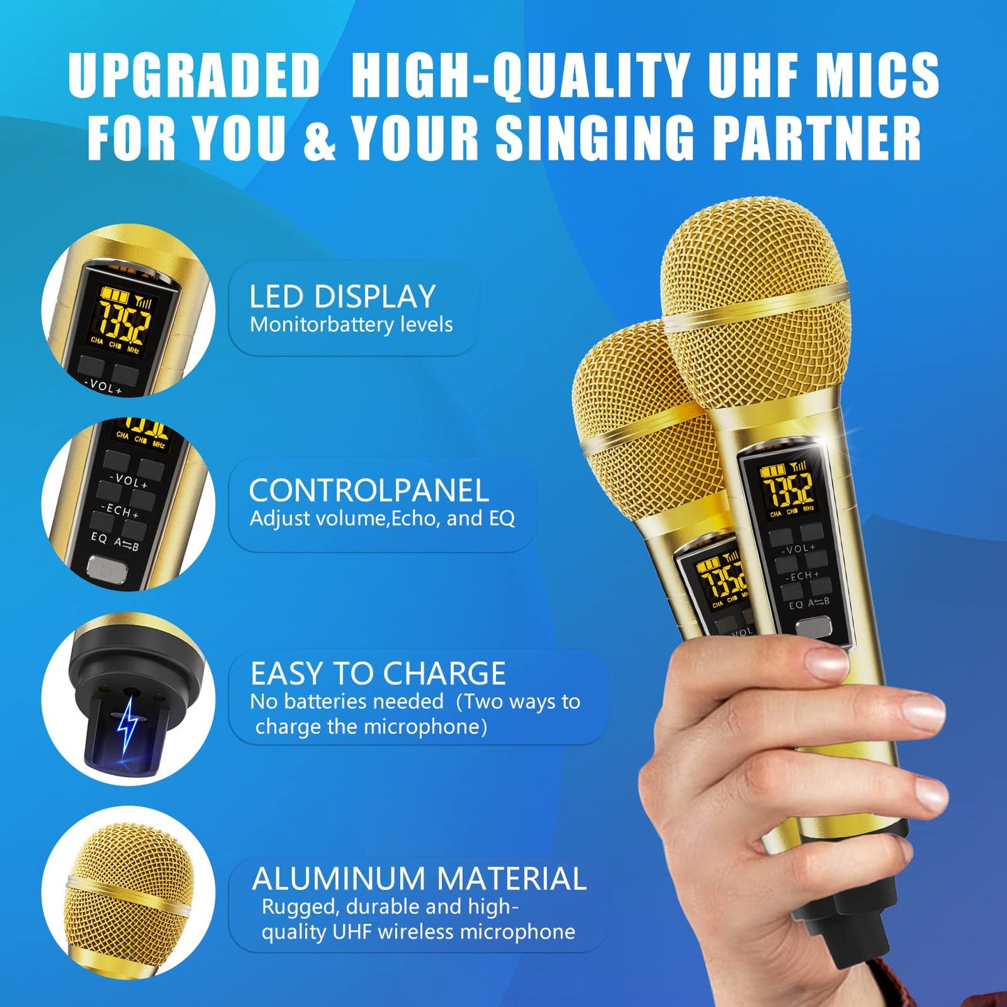 Karaoke machine for adults and kids, portable Bluetooth speakers with 2 UHF wireless microphones Karaoke speaker PA system with colorful gradient LED lights for home parties - Gold
