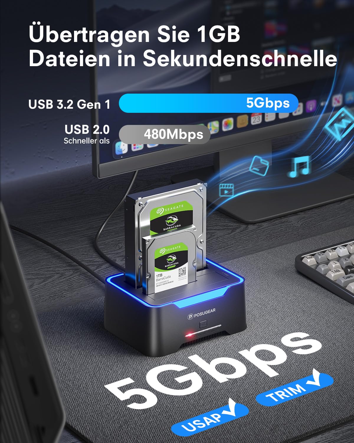 POSUGEAR Hard Drive Docking Station, RGB USB 3.0 Hard Drive Enclosure for 2.5 and 3.5 Inch SATA HDD/SSD, 2 x 20TB Dual Bay HDD Docking Station with Offline Clone Support tool-free and UASP.