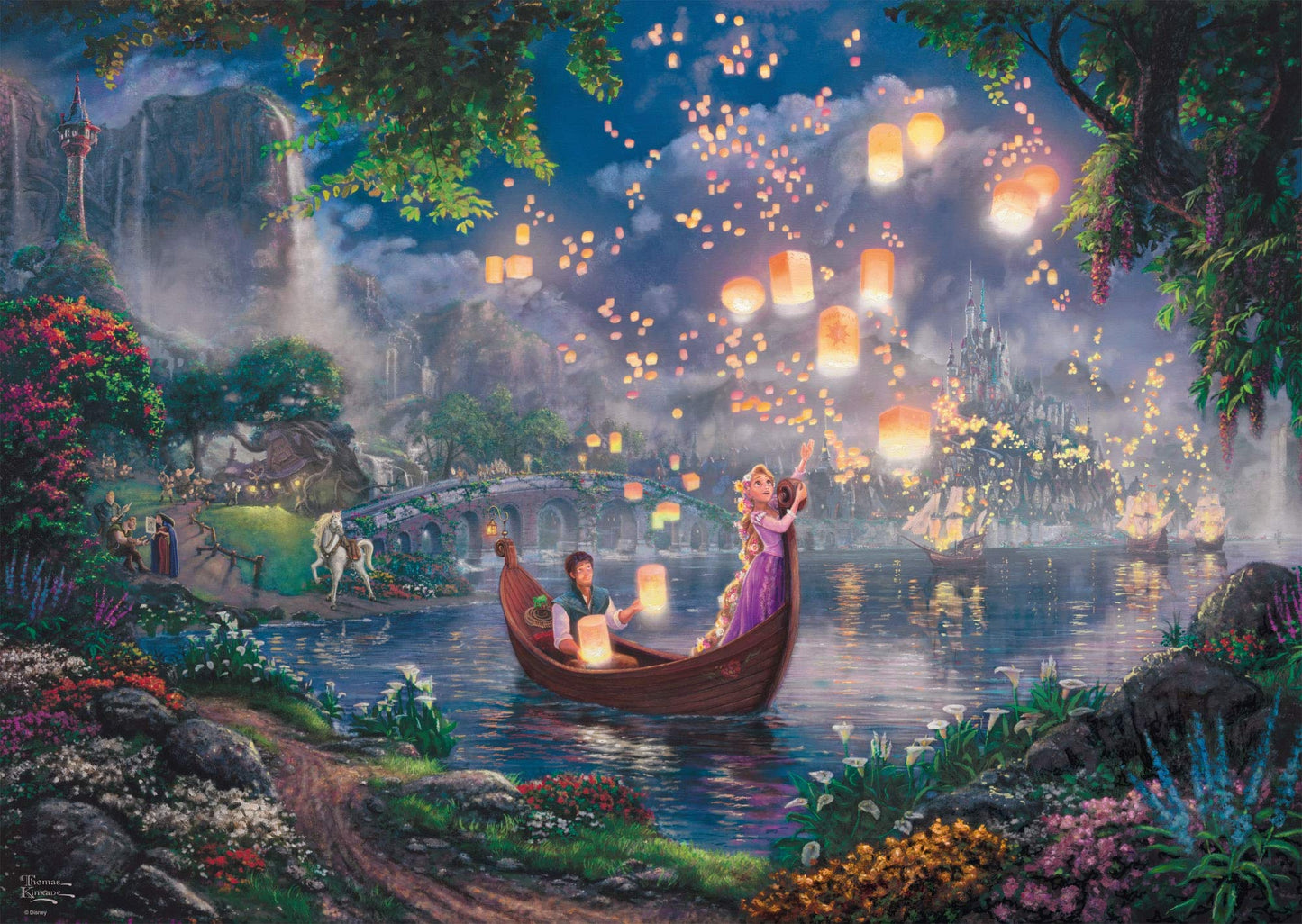 Schmidt Spiele 59480 Thomas Kinkade, Disney, Rapunzel, 1000 piece puzzle, and 57370 Thomas Kinkade, Disney, The Little Mermaid and Prince Eric, 1000 piece puzzle.