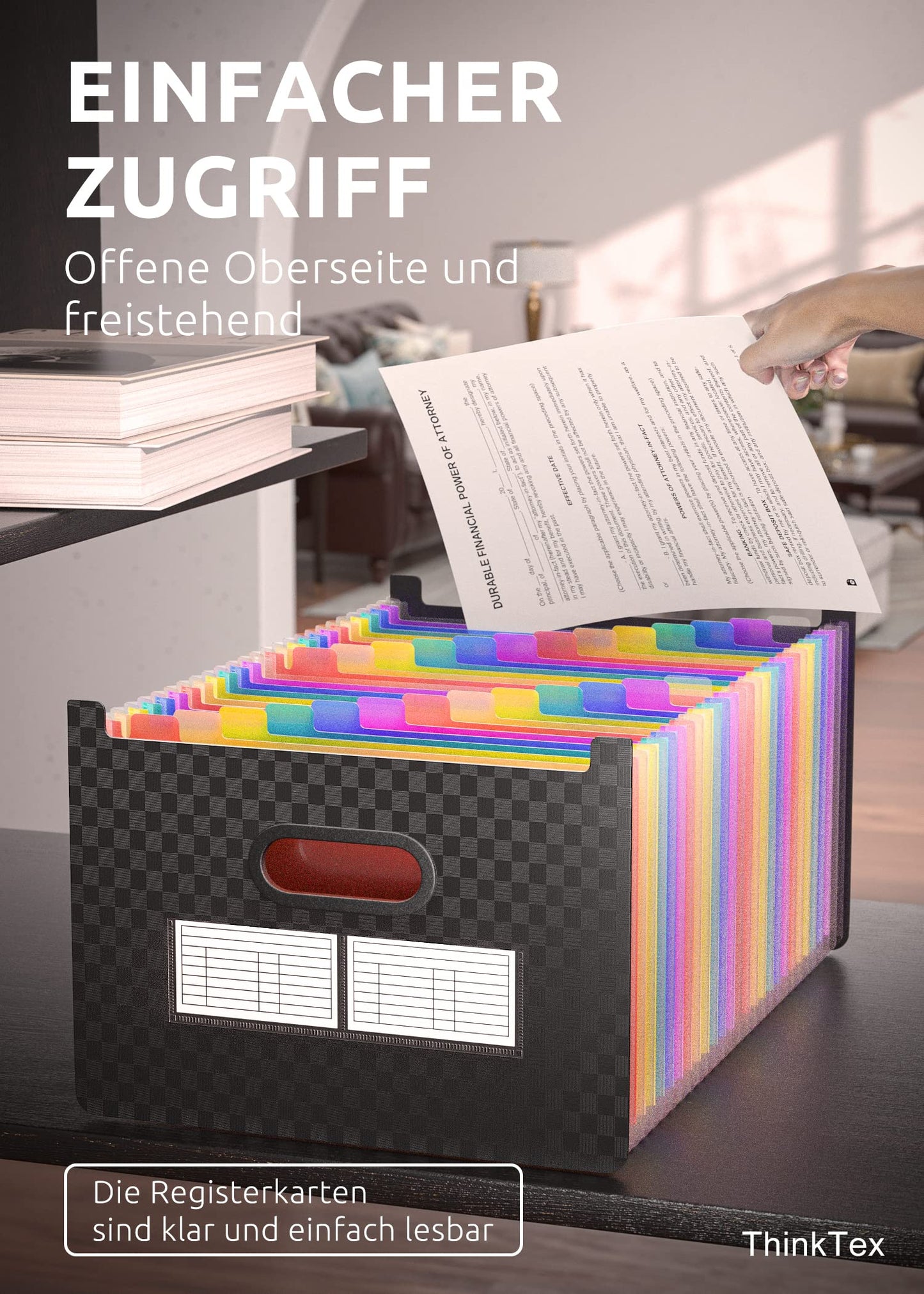 ThinkTex A4 document folder with 26 compartments, open upright and on top, A-Z index tabs with colorful dividers, suitable for school, home, and office in letter/A4 format.
