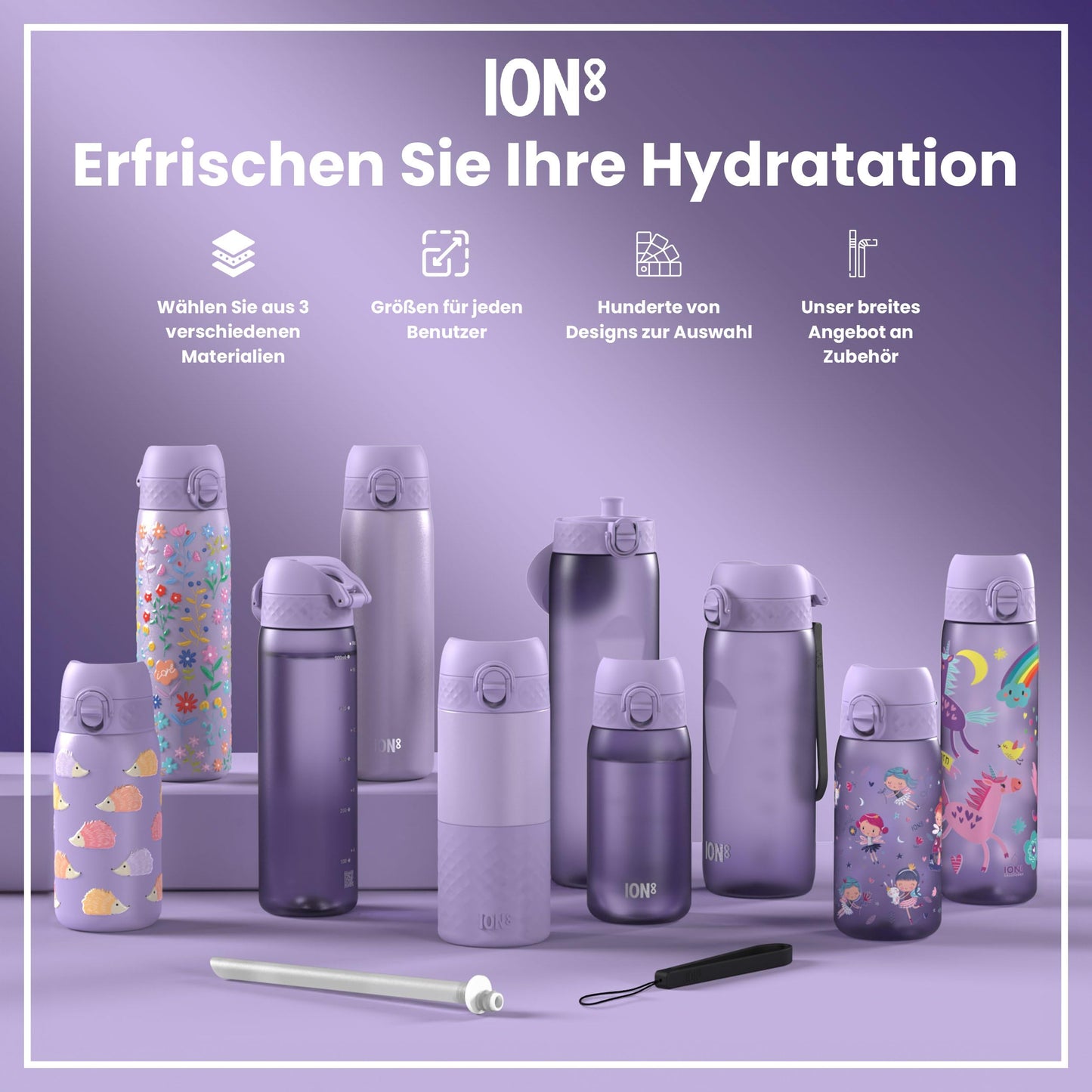 ion8  Lightweight Steel Water Bottle 600ml Non-Insulated Leakproof One-Hand Opening Secure Lock Dishwasher Safe Flip Lid Carrying Handle Easy to Clean, Lilac Unicorn