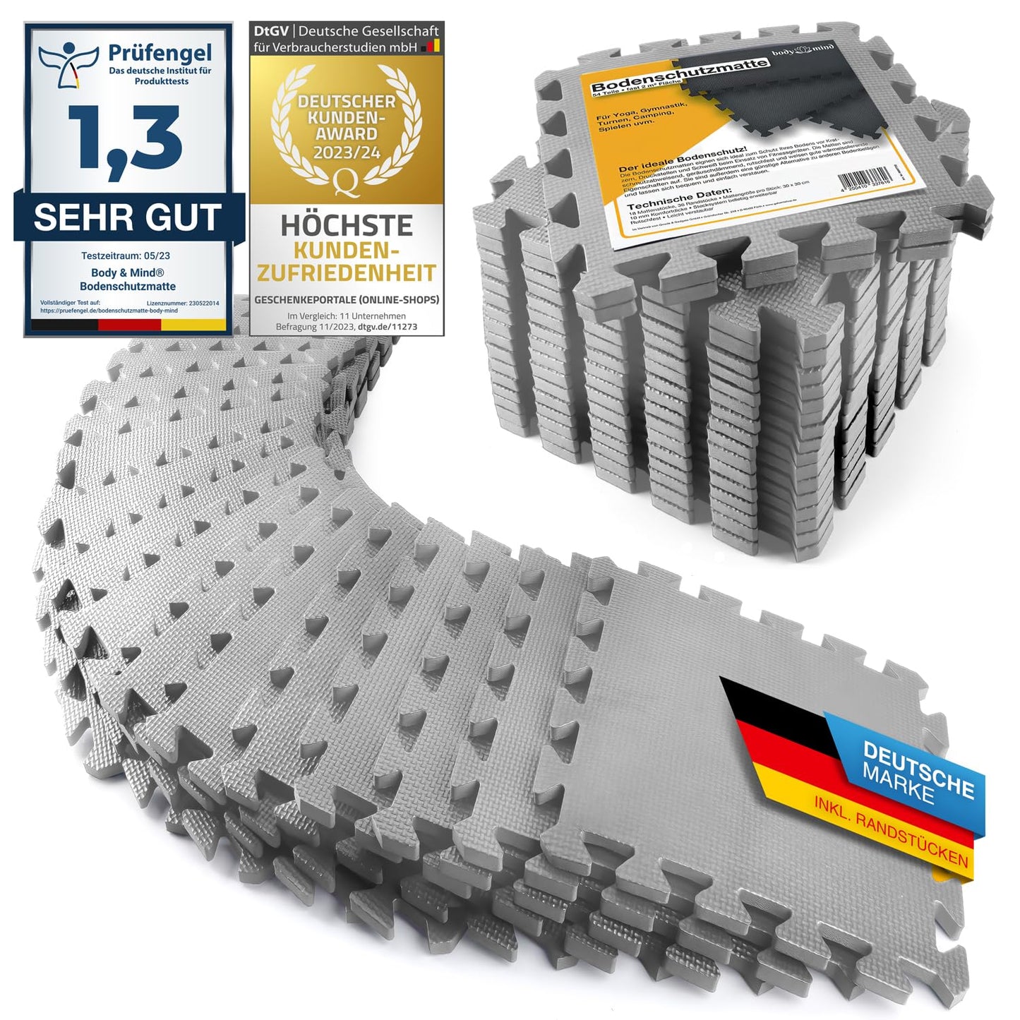 Ground protection mats XXL set; Fitness mat floor protection puzzle mat; Underlay mat for fitness equipment + FREE anti-slip mat; Exercise mat & sports mat for fitness room basement garage approx. 2m² Grey