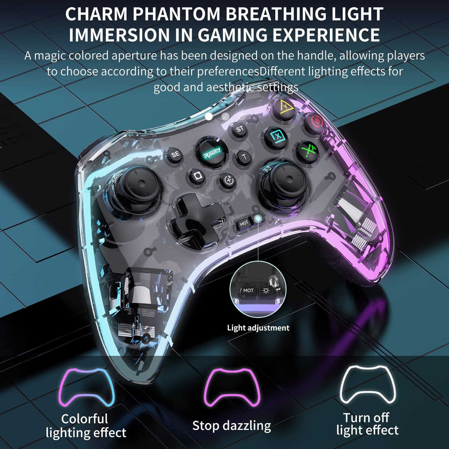 RALAN Wireless Controller with 8 colors LED lighting Compatible with Windows PC Gaming Gamepad Remote with 2.4G Adapter