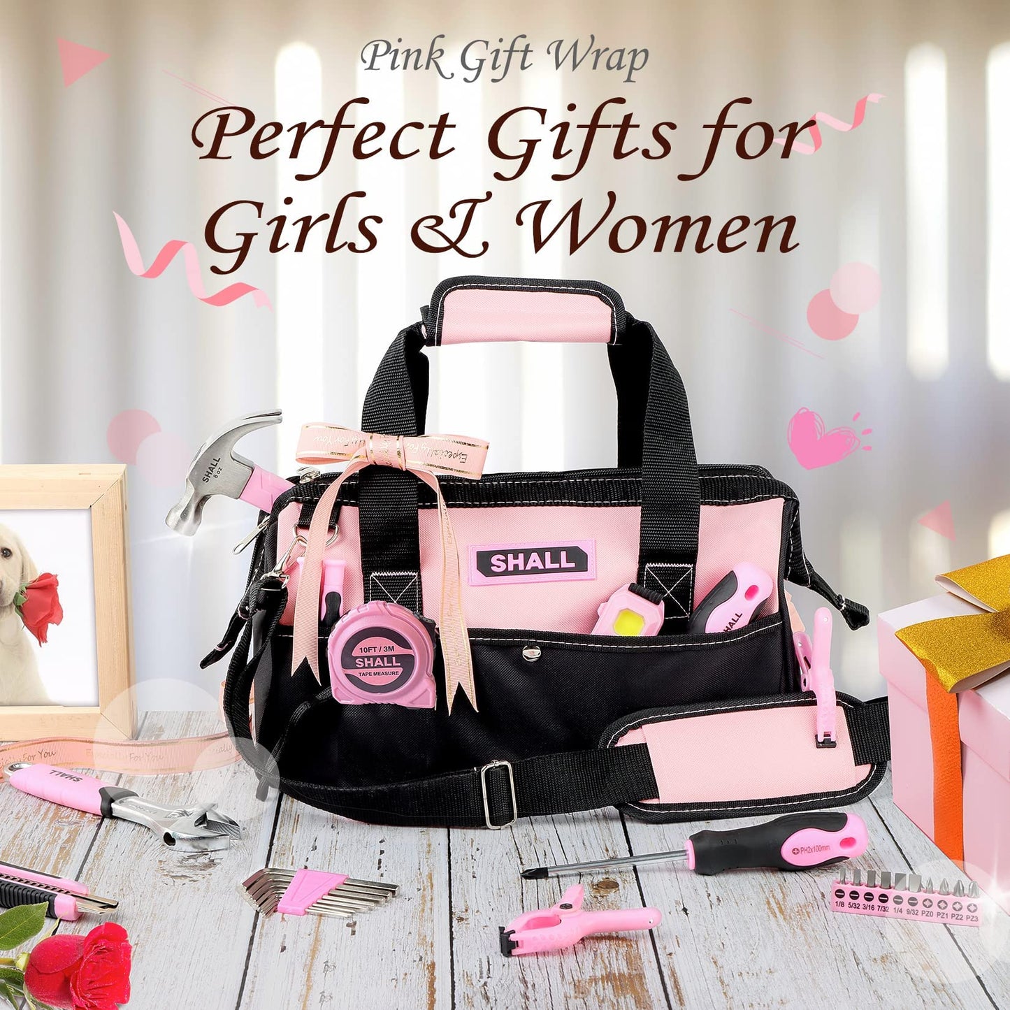 SHALL Pink Tool Set, 246-piece Women's Basic Tool Kit for Home with 14" Wide Mouth Open Tool Bag, General Household Hand Tool Set