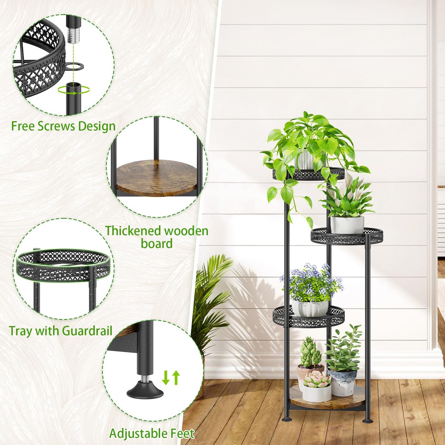 LyTaispuly 4-Tier Metal Plant Stand Flower Display Outdoor, Flower Stand Flower Shelf Flower Rack Tall, Flower Pot Stand Plant Stand for Indoor Outdoor Balcony Garden Living Room, Black
