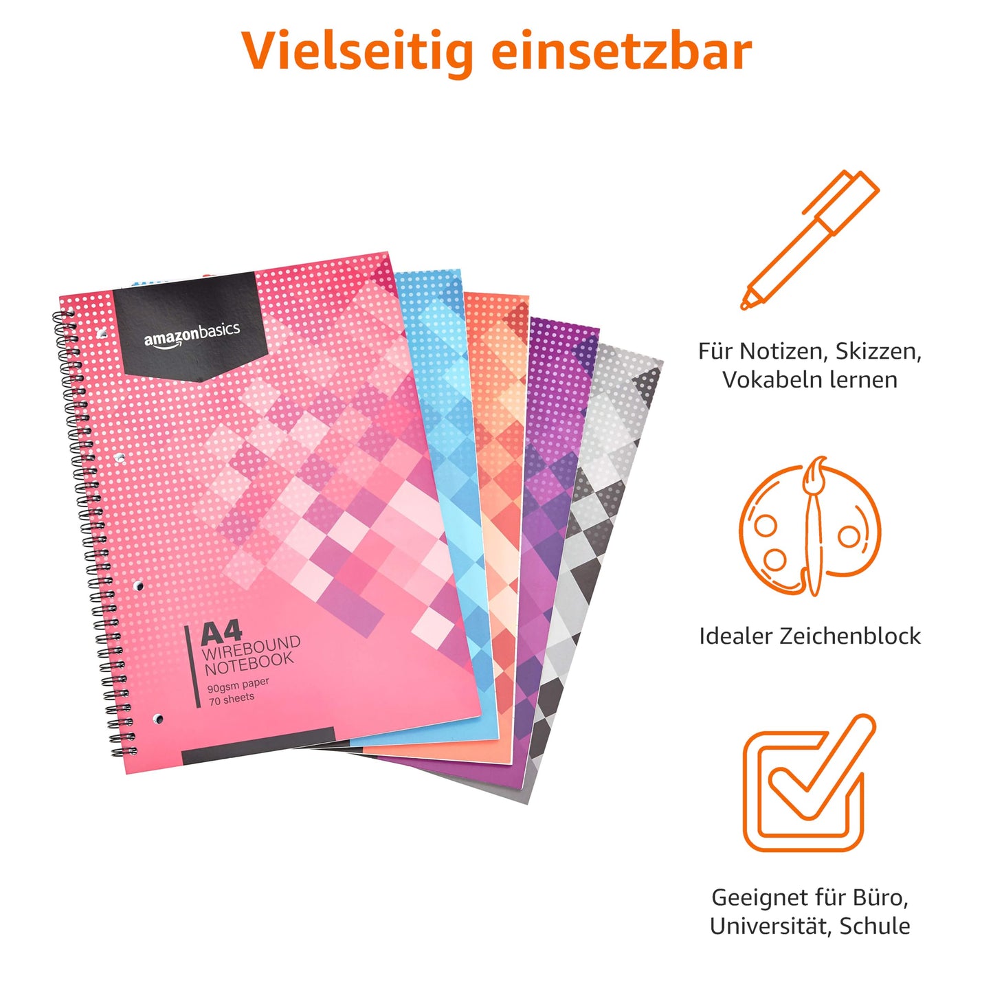 Amazon Basics Spiral Notebook, in various colors, 70 sheets/140 pages, A4, 90GSM, 5 pack, White