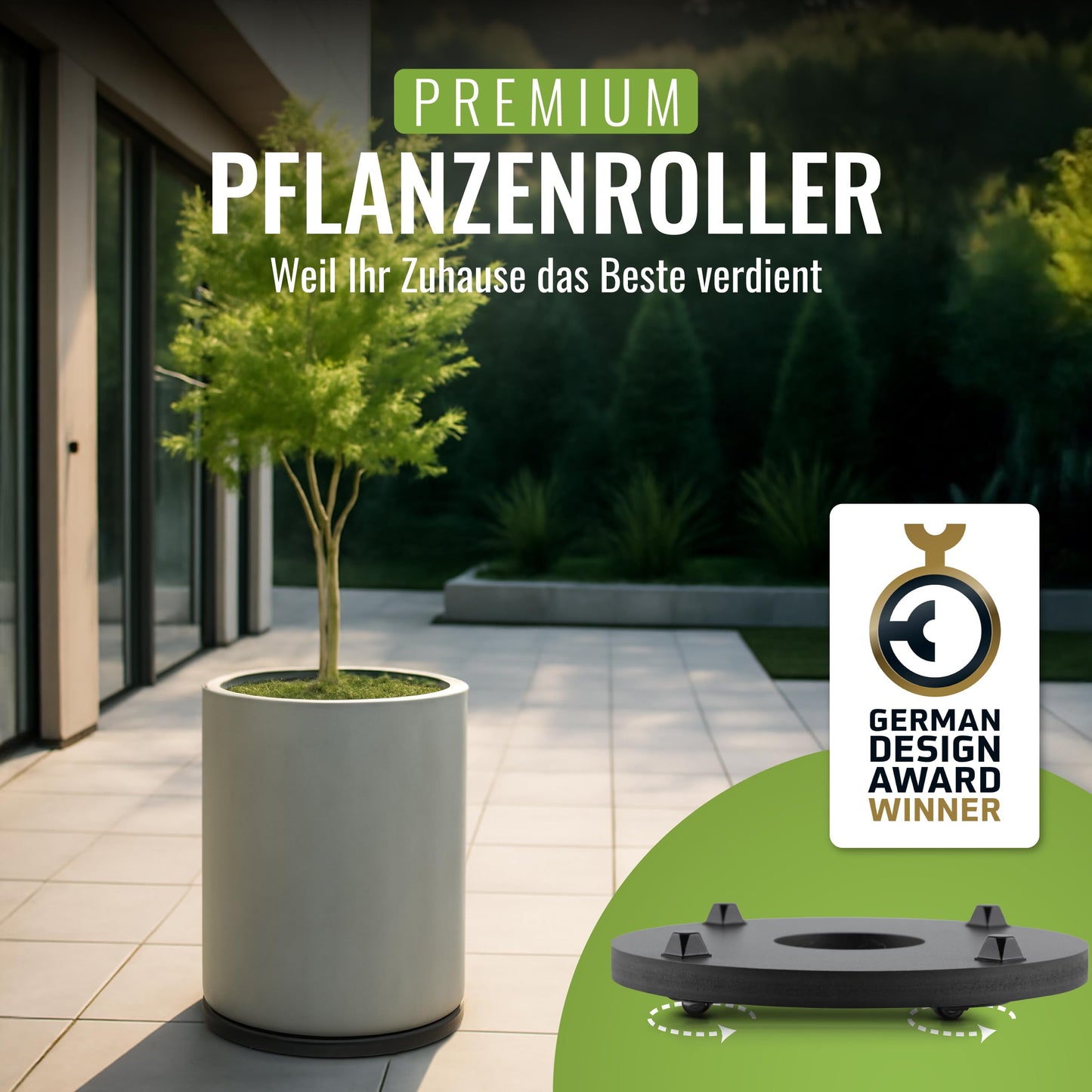 Plantwerk Plant Pot Coaster - Ultra-flat designer plant roller - Ø28cm - Square and round for all flower pots & planters - Indoor & outdoor container roller - 2 year warranty.