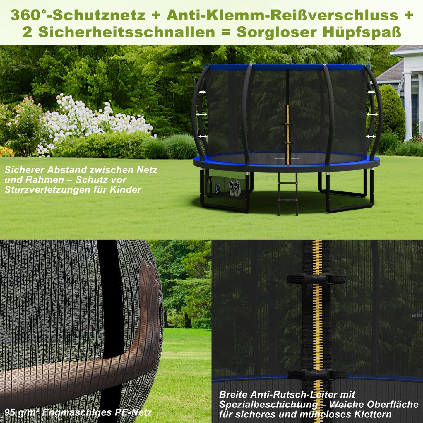 Devoko Trampoline Outdoor Ø 228/305/366/427 cm, GS certified, Kids trampoline with safety net, Round giant trampoline with ladder and shoe bag