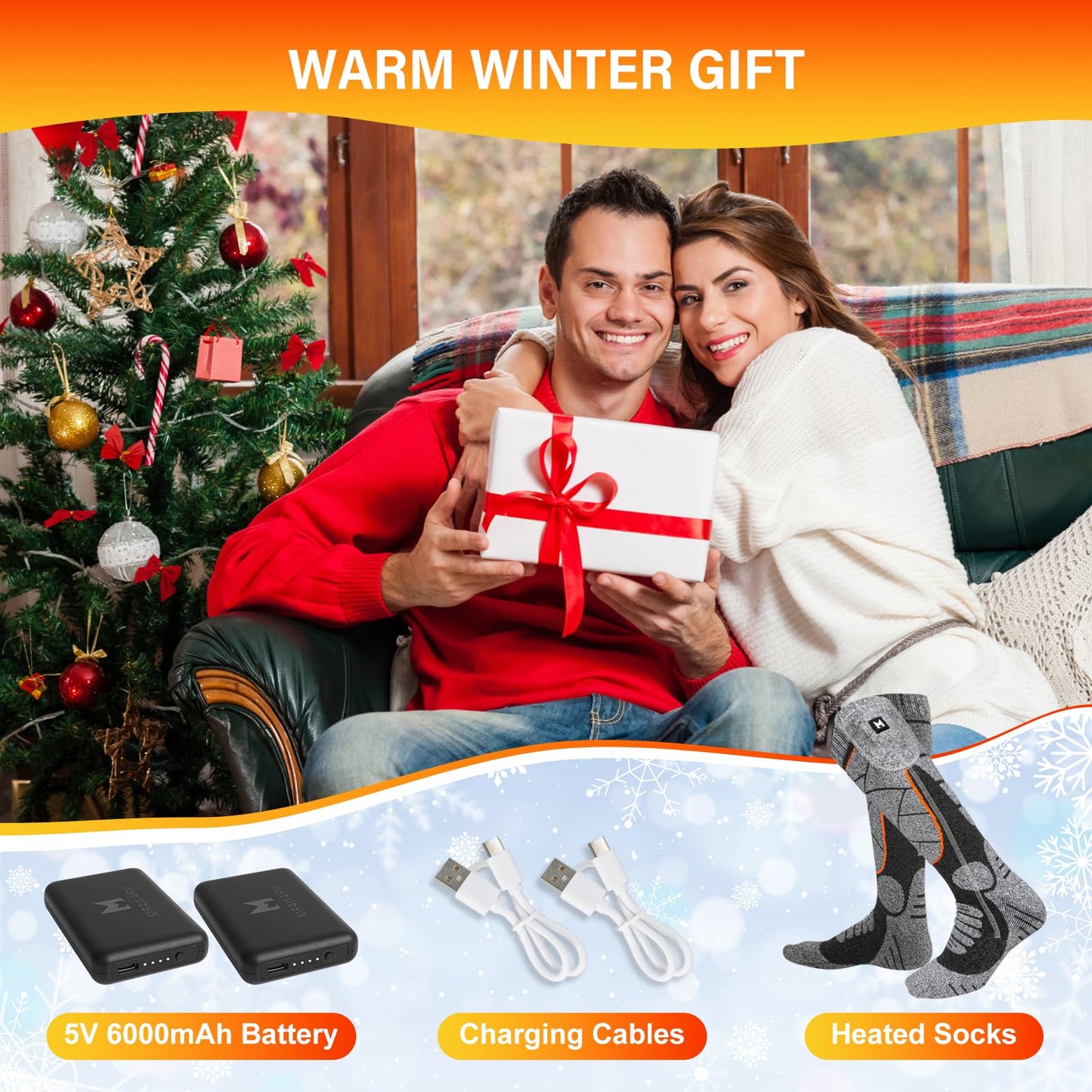 MRAWARM Heated Socks, 6000mAh Rechargeable Battery Electric Heated Socks for Men Women, 3 Heat Levels Winter Cotton Socks for Outdoor Sports.
