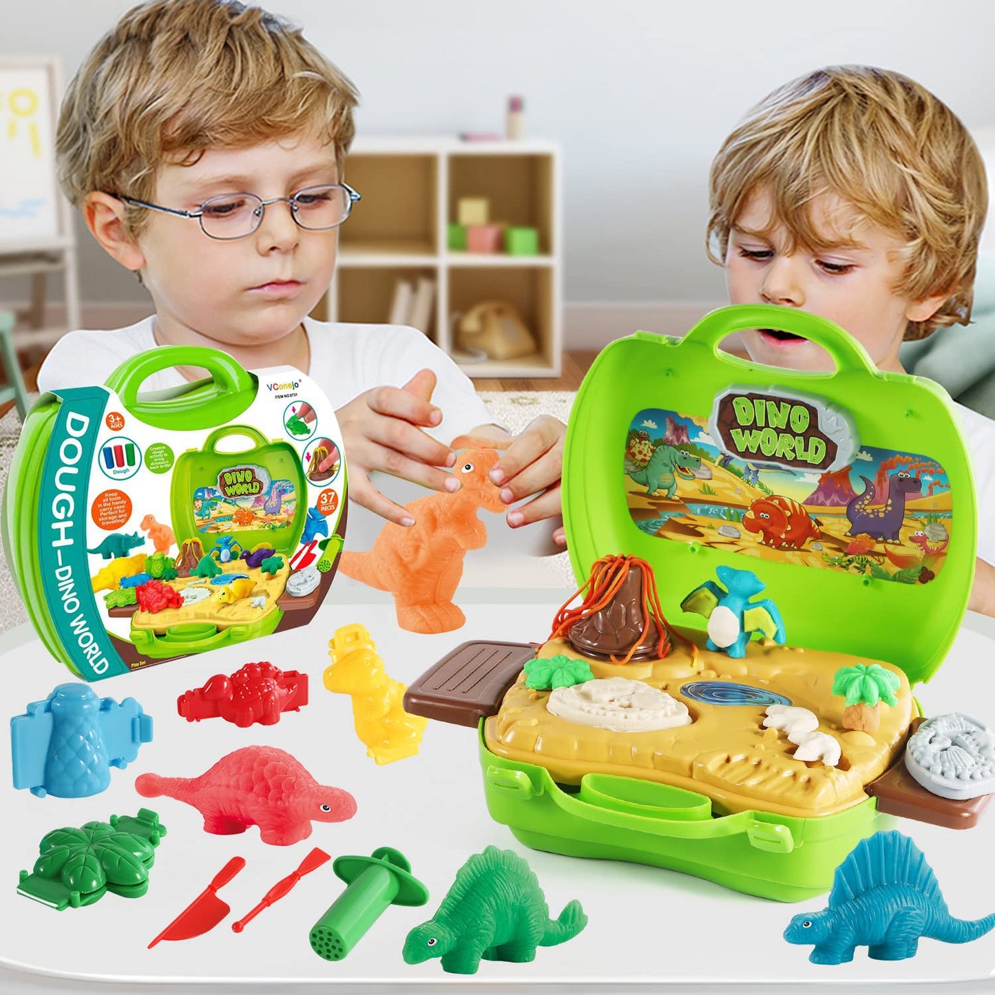 Dinosaur clay set for kids, 37 pieces, Dino clay tools and shapes accessories with volcano and fossils for boys and girls.
