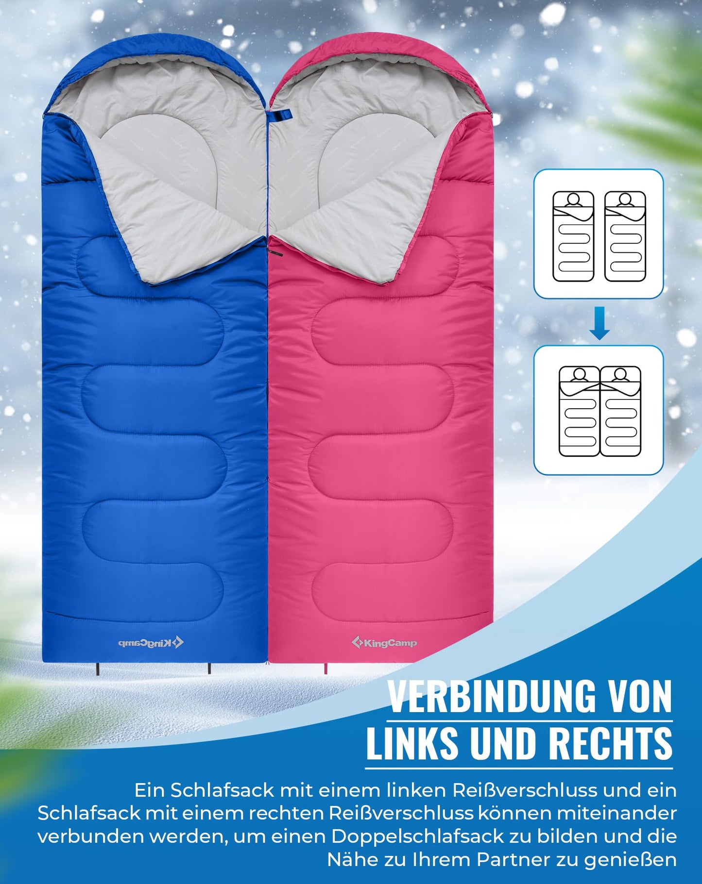 KingCamp Oasis sleeping bags with headrest for adults. Lightweight, 3 seasons, Blue, 220 × 75 cm.
