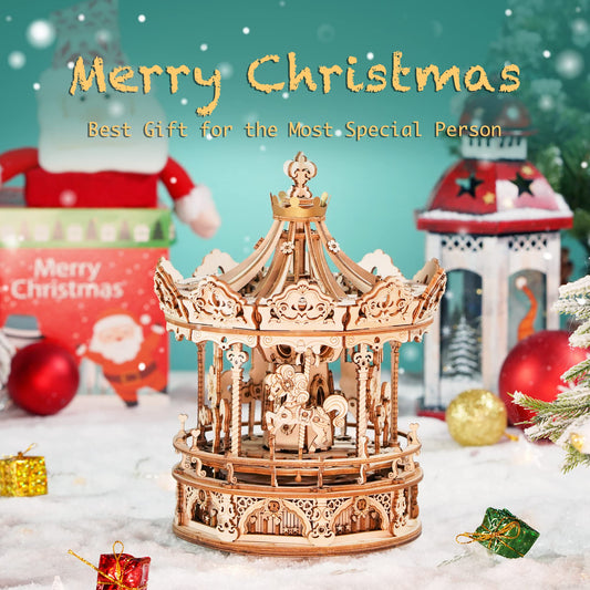 Robotime 3D Puzzle Wooden Carousel, laser-cut model kit for adults, DIY gift for Christmas & birthday gift.