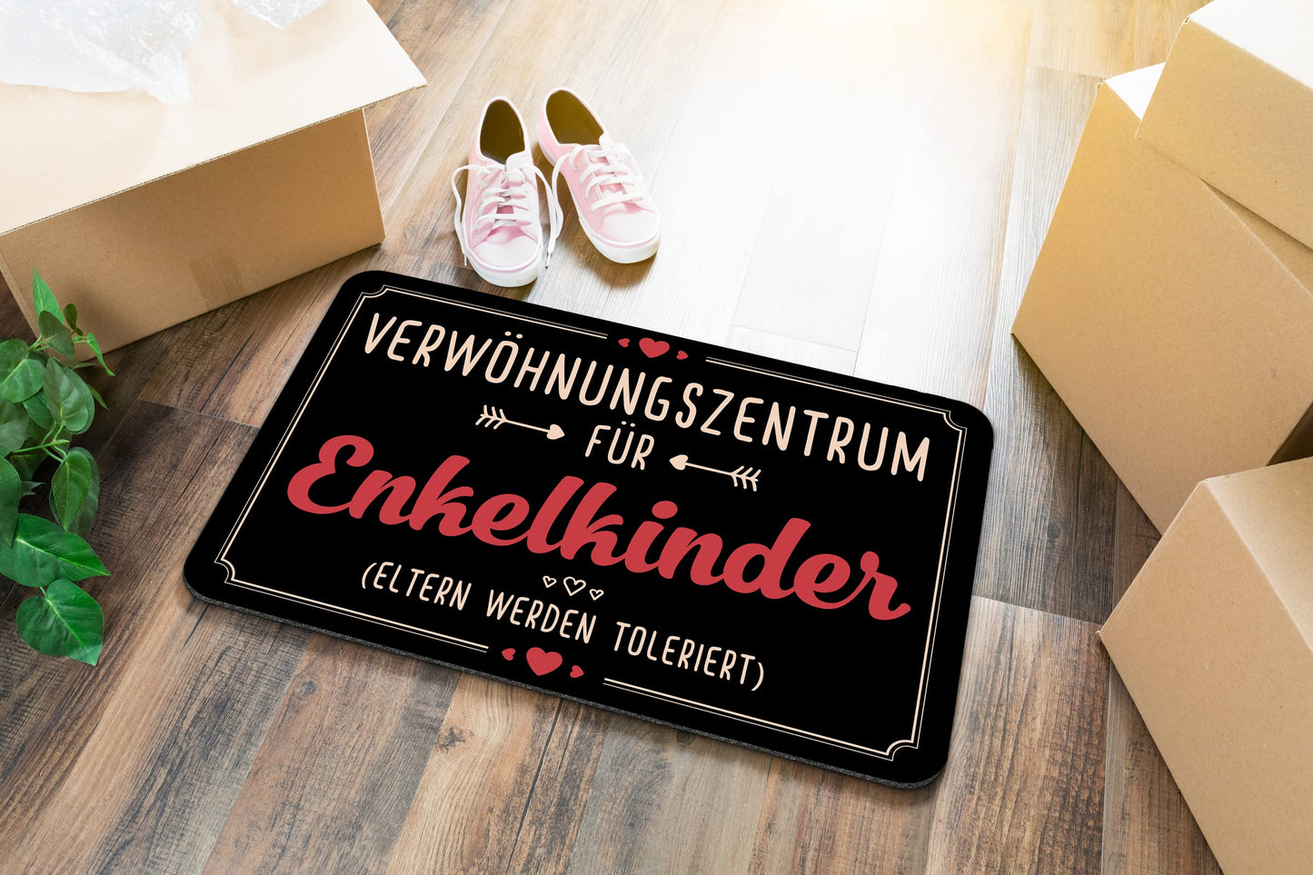 Cup burning doormat with the slogan "Pampering center for grandchildren" - Funny gift for grandma and grandpa - Grandparents (Black)
