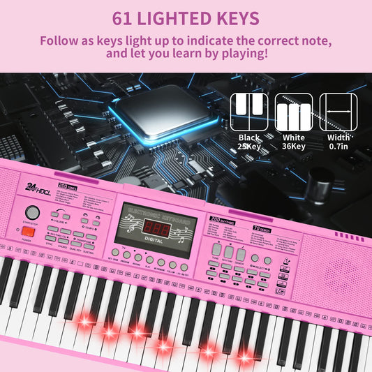 24HOCL Electric Pianos 61 Lighted Keys, Musical Digital Piano Keyboards 200 Rhythms LCD Screen for Kids Beginners Lighted Keys_2 Pink