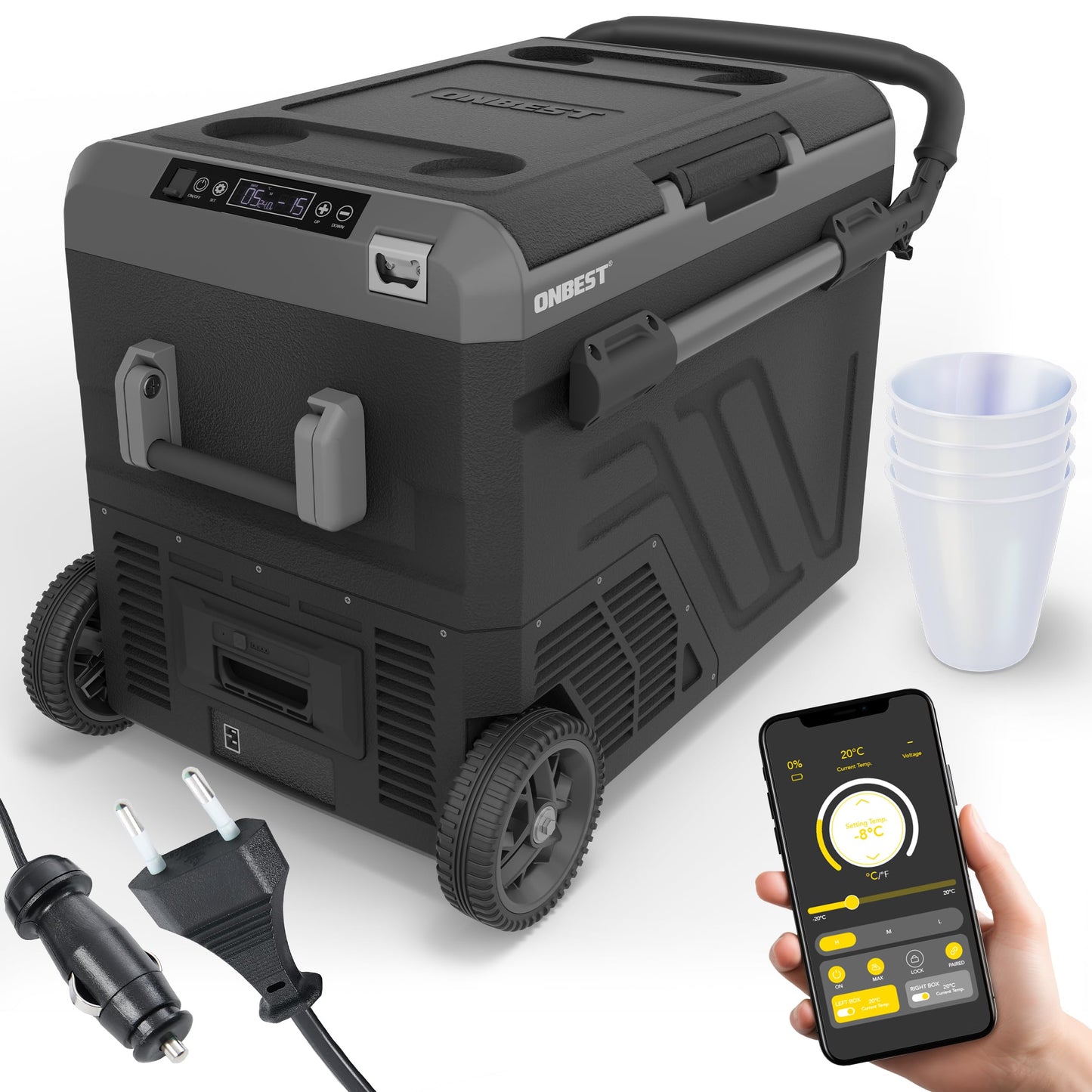 ONBEST Compressor Cooler Box 50L - Electric cooling and freezing box with telescopic handle - 12V/230V connection - Ideal for car, camping, and outdoor activities - Integrated accessories