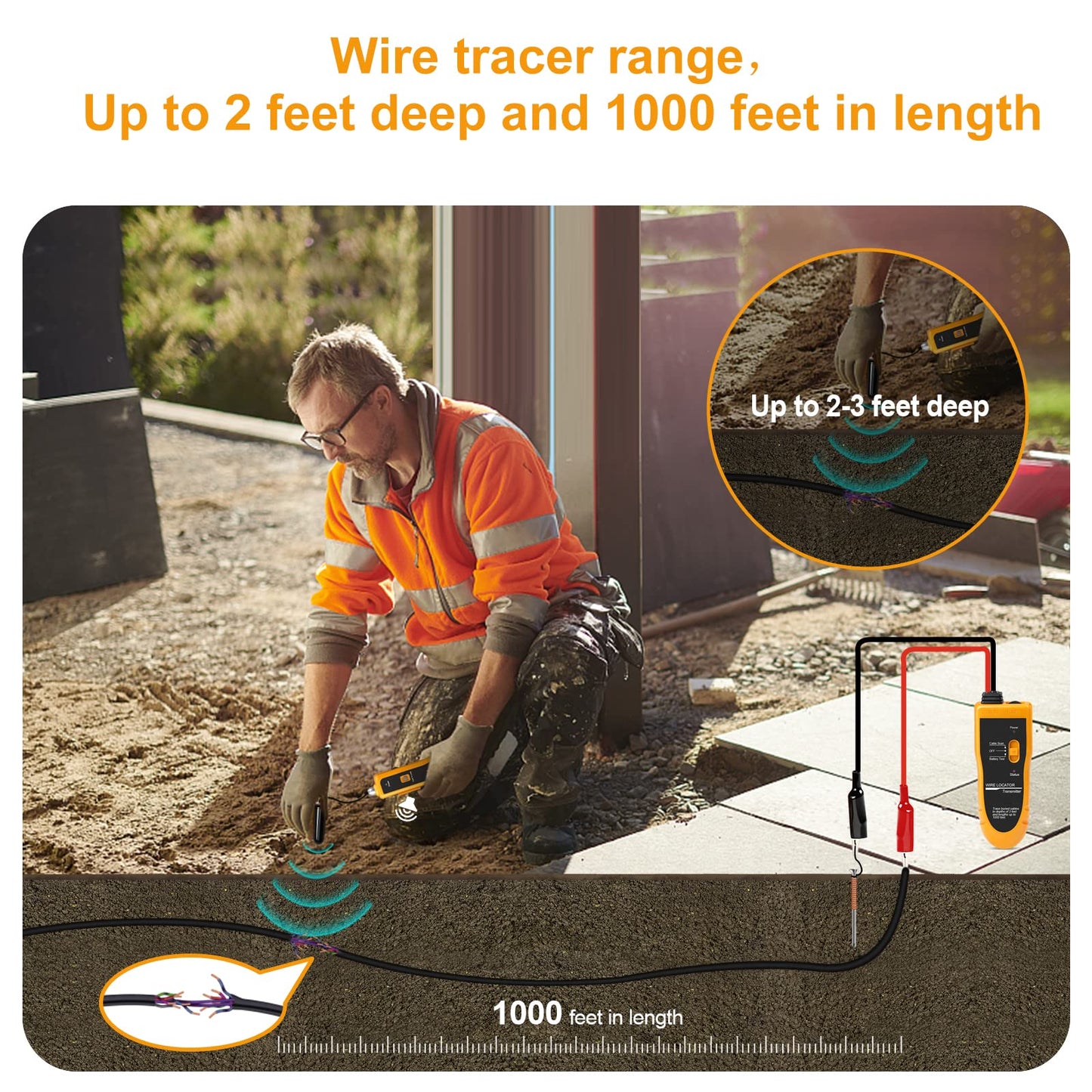 Kolsol F02 underground cable locator, cable locator with headphones, cable tester for pet fence cables, buried cables, irrigation control wires.