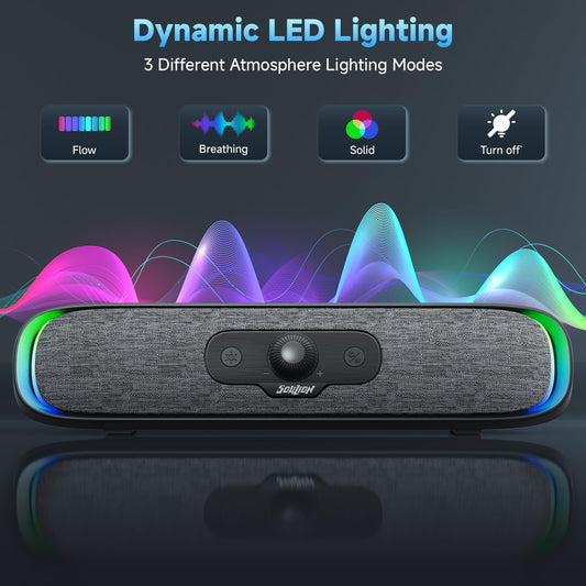 SOULION R200 PC Speakers USB C Bluetooth RGB Soundbar with 3 LED light effects, Compact Computer Bar Speakers for PC, Monitor, Laptop