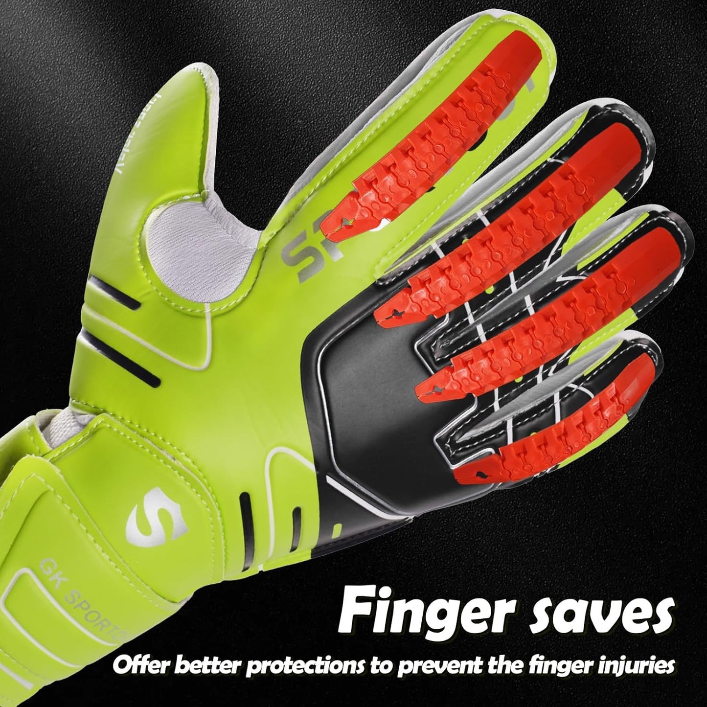 Sportout goalkeeper gloves, soccer gloves with finger save, goalkeeper gloves for kids, men with non-slip 4mm latex, goalkeeper gloves for kids, adults, and teens (Green, 7)